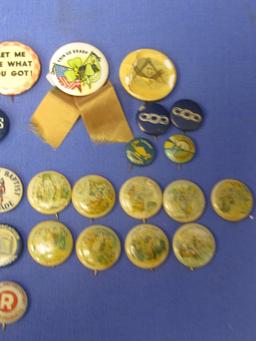 53 Assorted Pin-backs & Fold-Over Lapel Pins: WWII, Masonic, Odd Fellows, Texaco, Wm. Bendix, Union,