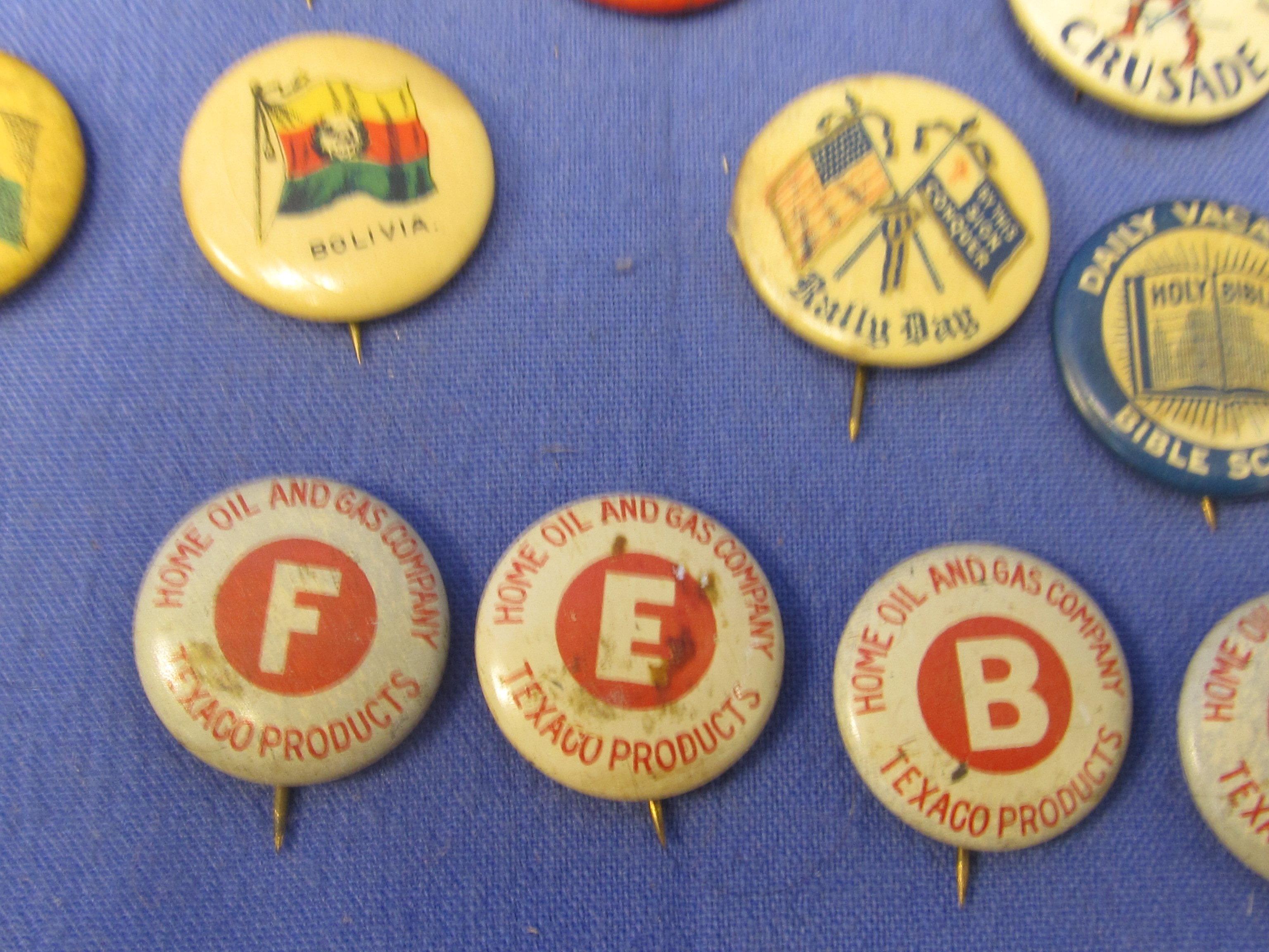 53 Assorted Pin-backs & Fold-Over Lapel Pins: WWII, Masonic, Odd Fellows, Texaco, Wm. Bendix, Union,