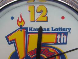 Battery-Op Wall Clock - Kansas Lottery 15th Anniversary “Time to Play” - 14 3/4” in diameter