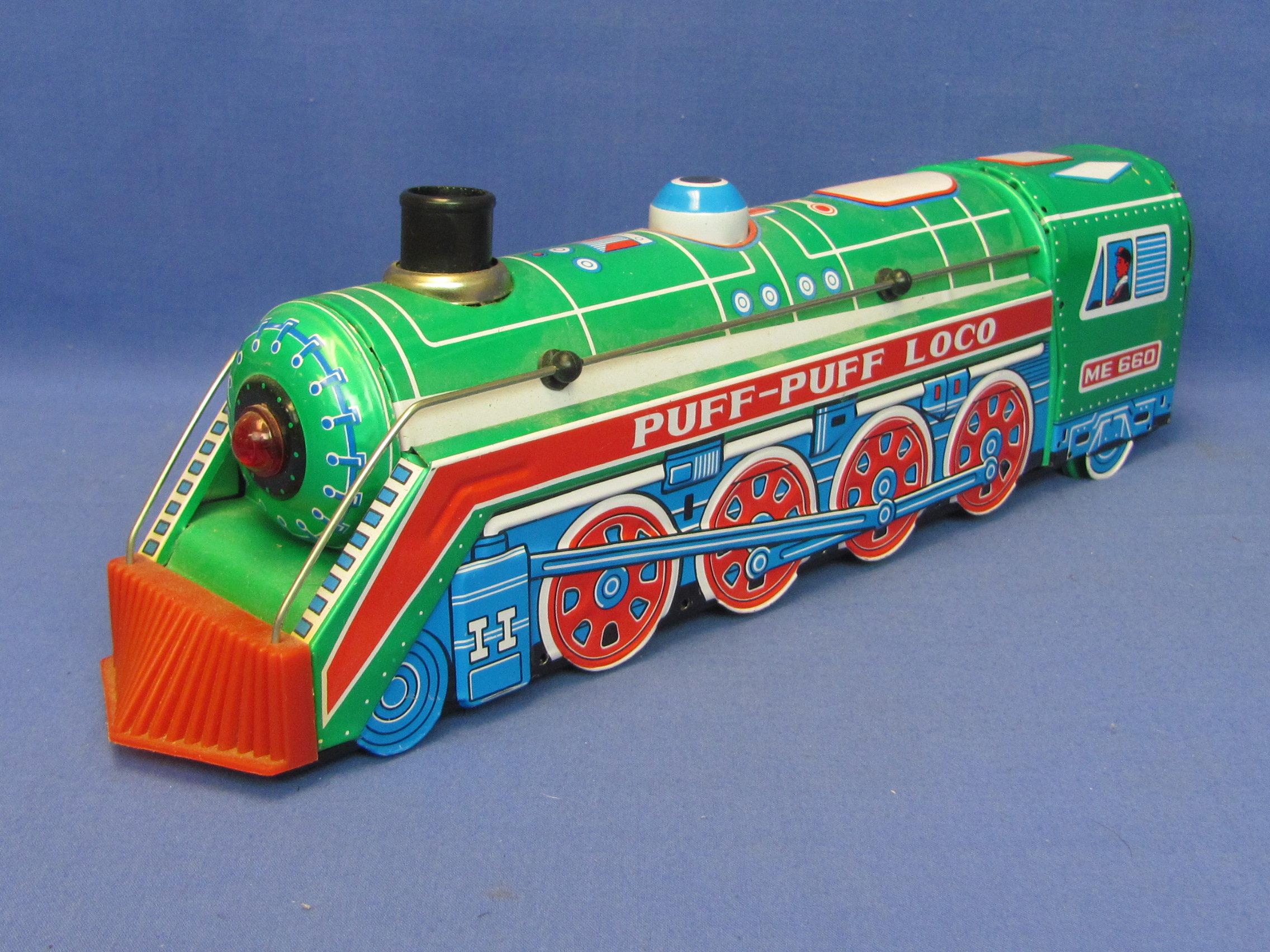 Puff-Puff Loco - Battery Operated Tin Litho – Works – 15 3/4” long – Makes Noise, Moves, etc..