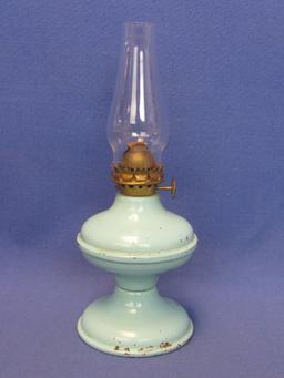 Miniature Oil Lamp – Metal Body & Shade – Wick Wheel Marked “P&A Mfg Co. Acorn”