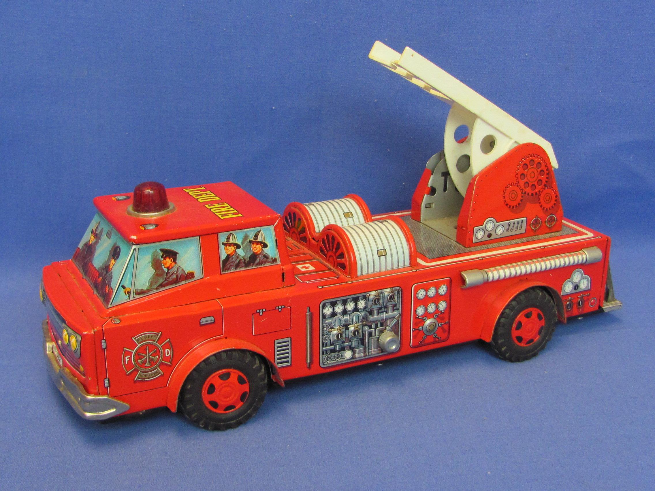 Tin Litho Fire Truck – Battery Operated (Not Working) – Made in Japan – 13 1/2” long