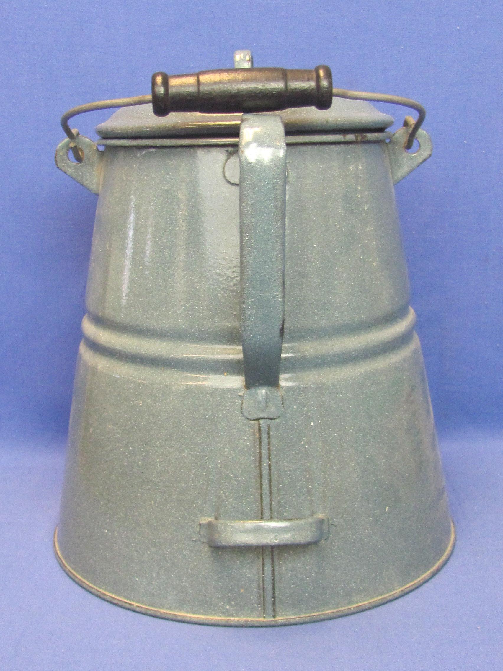 Large Grey Enamel Camping Coffee Pot – Wood Handle – 12” tall – Very good condition