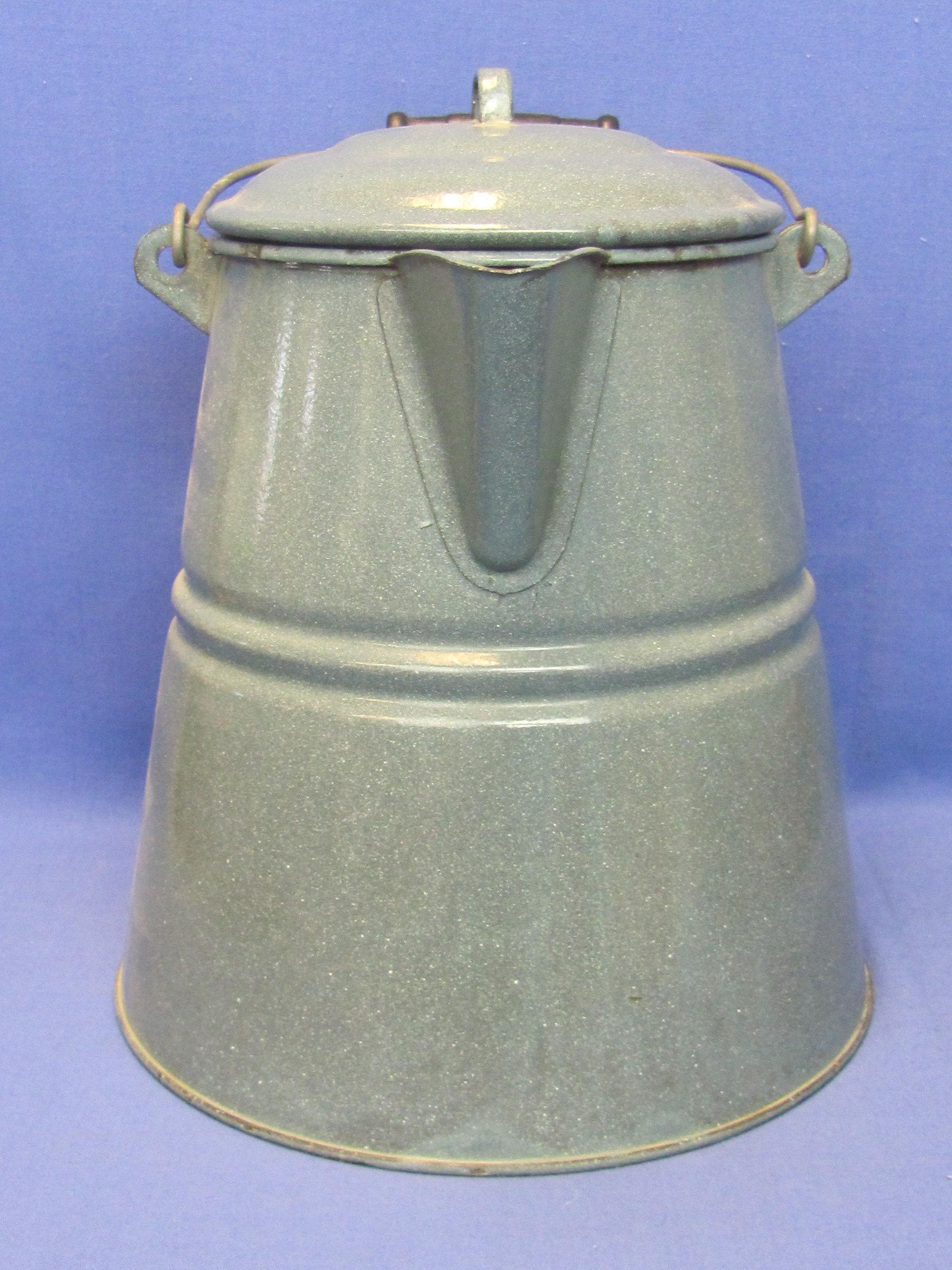 Large Grey Enamel Camping Coffee Pot – Wood Handle – 12” tall – Very good condition