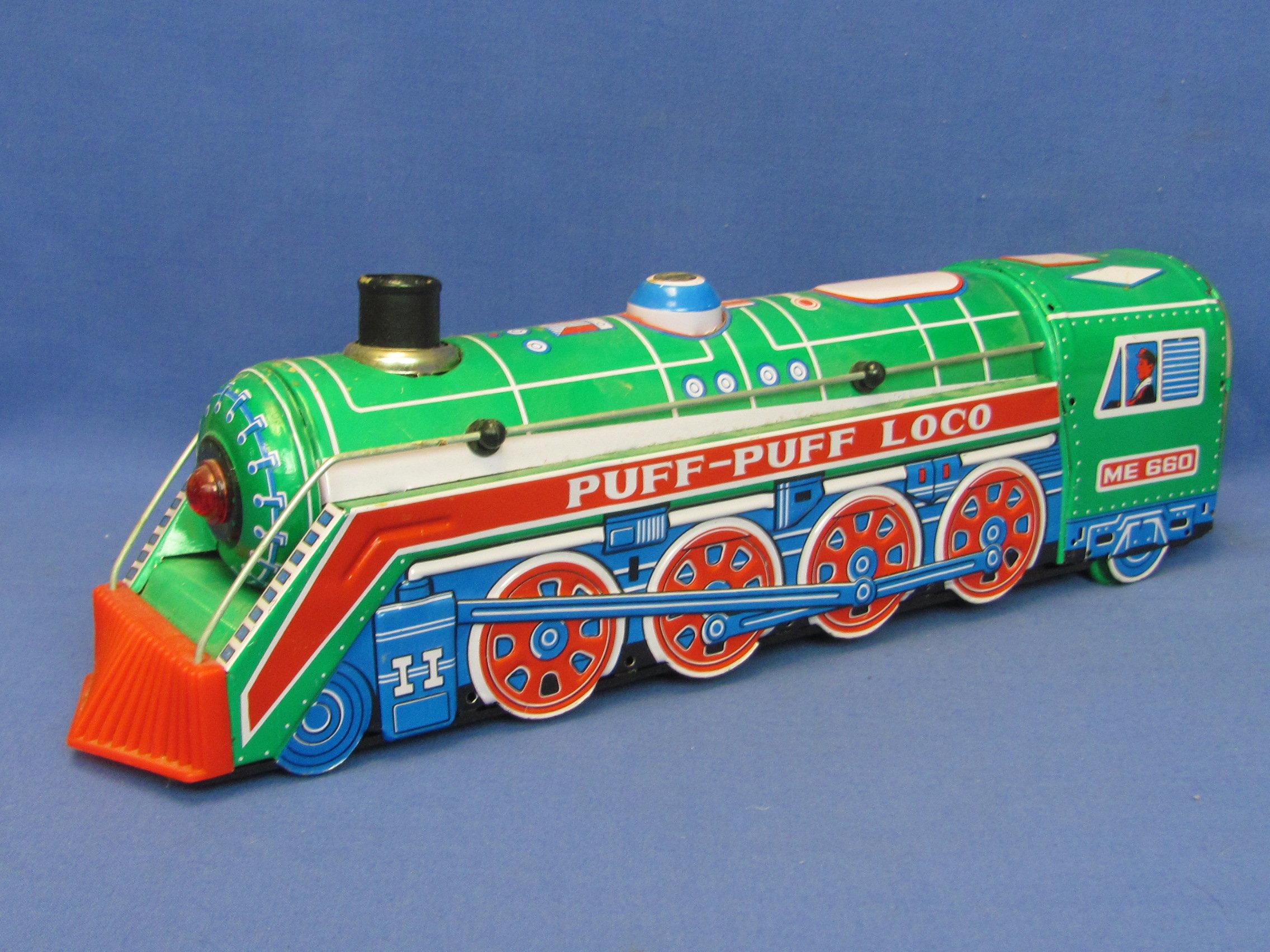 Puff-Puff Loco - Battery Operated Tin Litho – Works – 15 3/4” long – Makes Noise, Moves, etc..