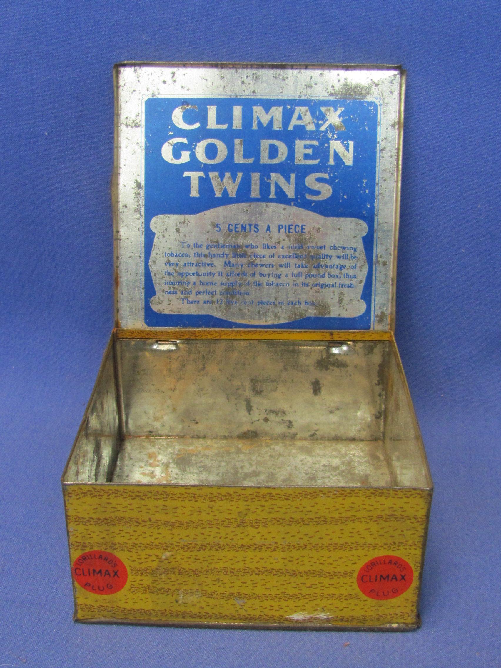 2 Vintage Tobacco Tins – Climax Golden Twins – Climax Plug “The Grand Old Chew”