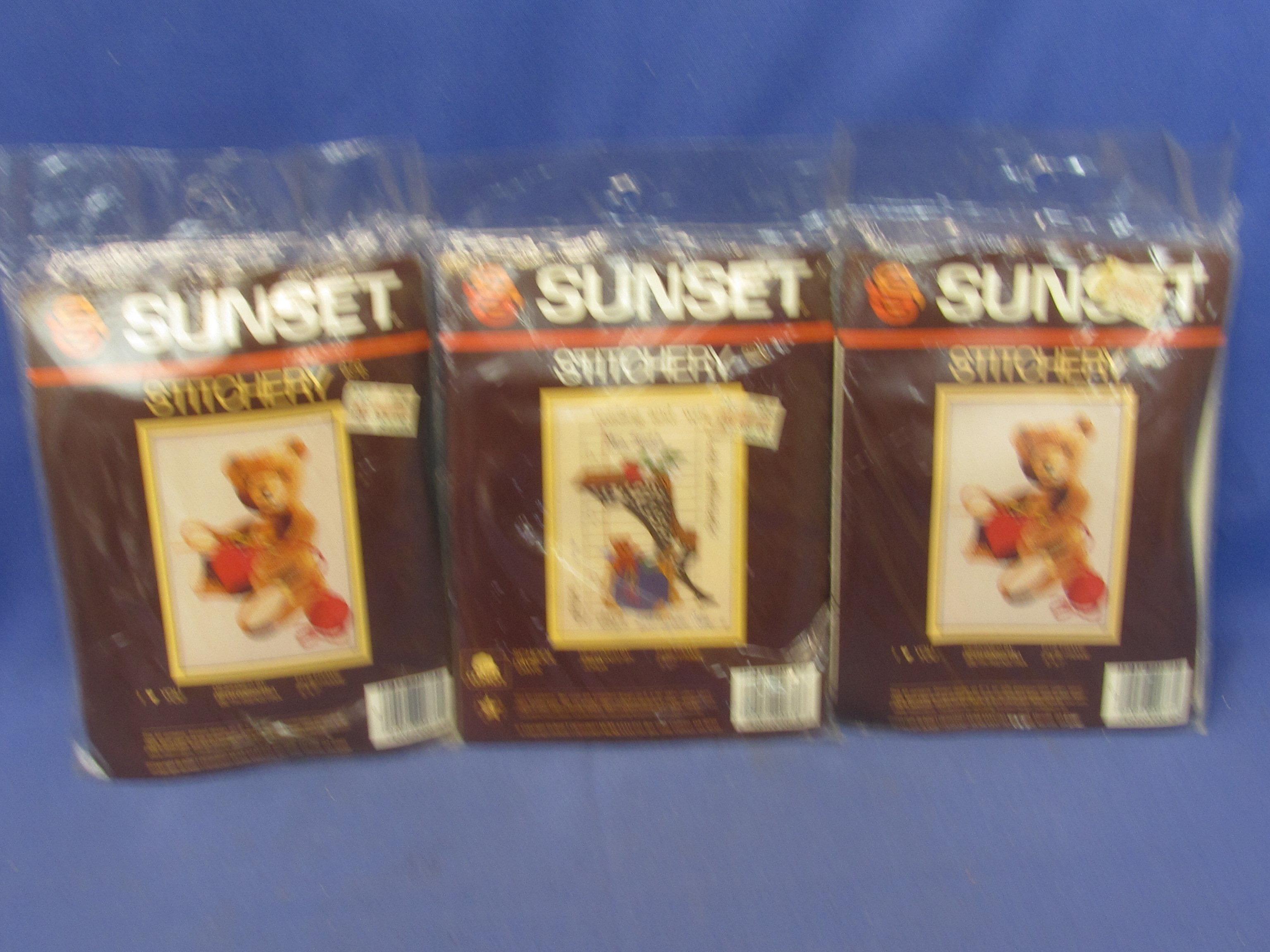 3 Sunset Stitchery 5x7 Yarn Embroidery Sampler Kits: 2 Bear & 1 School Days – all unopened