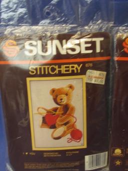 3 Sunset Stitchery 5x7 Yarn Embroidery Sampler Kits: 2 Bear & 1 School Days – all unopened