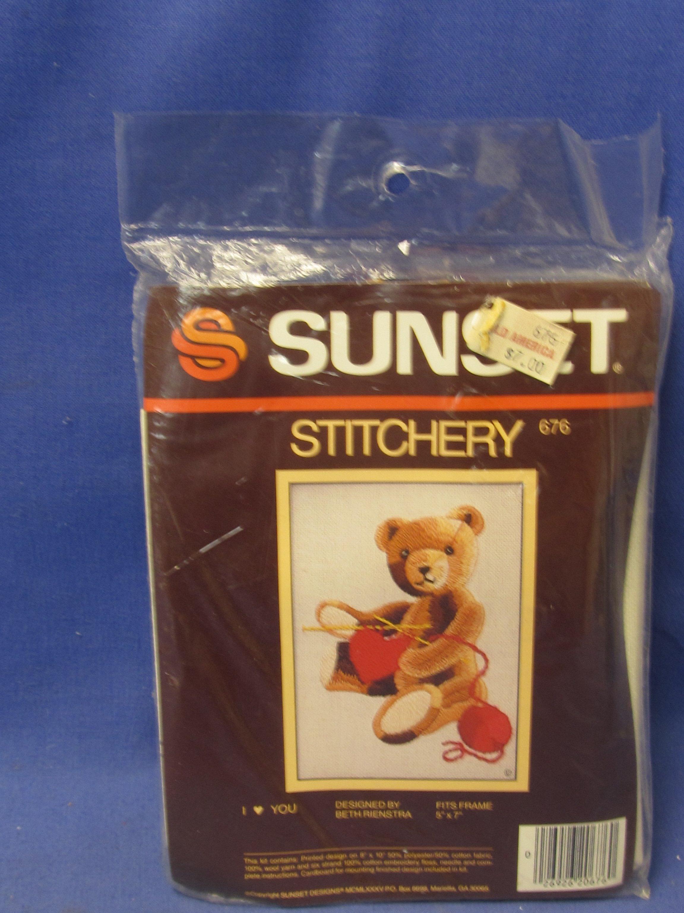 3 Sunset Stitchery 5x7 Yarn Embroidery Sampler Kits: 2 Bear & 1 School Days – all unopened