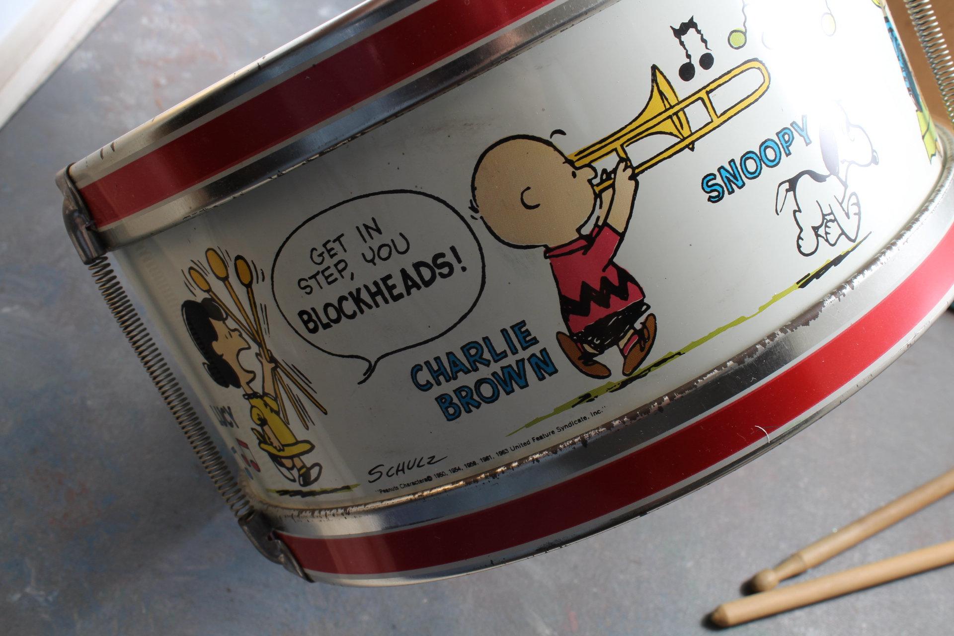 1963 Peanuts Charlie Brown Snoopy Tin Litho Toy Drum Set in Box with Sticks