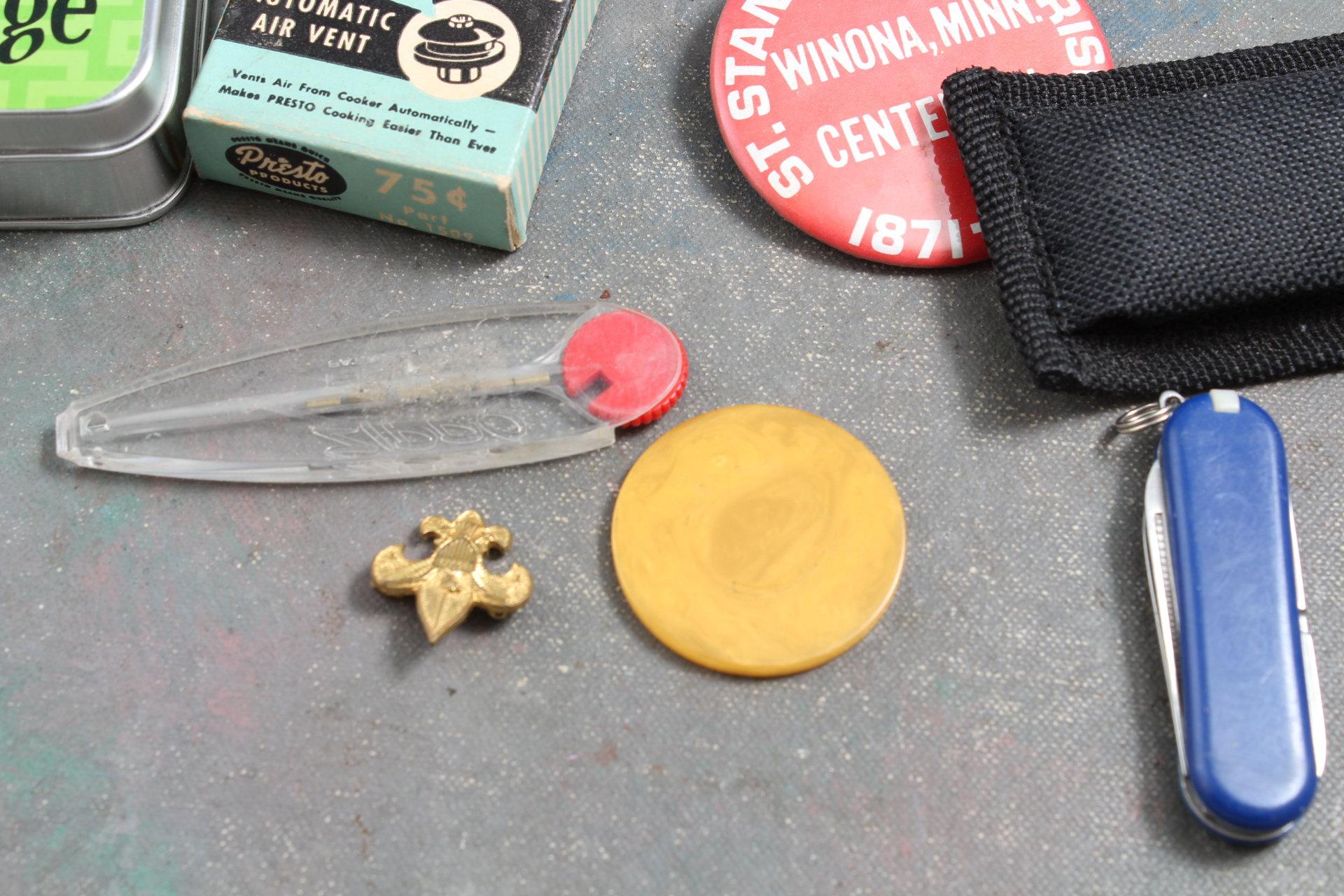 Vintage Mixed Lot Multi-Tool, RPPC Navy Yard, Thimbles, Bakelite Chip, IQ Game