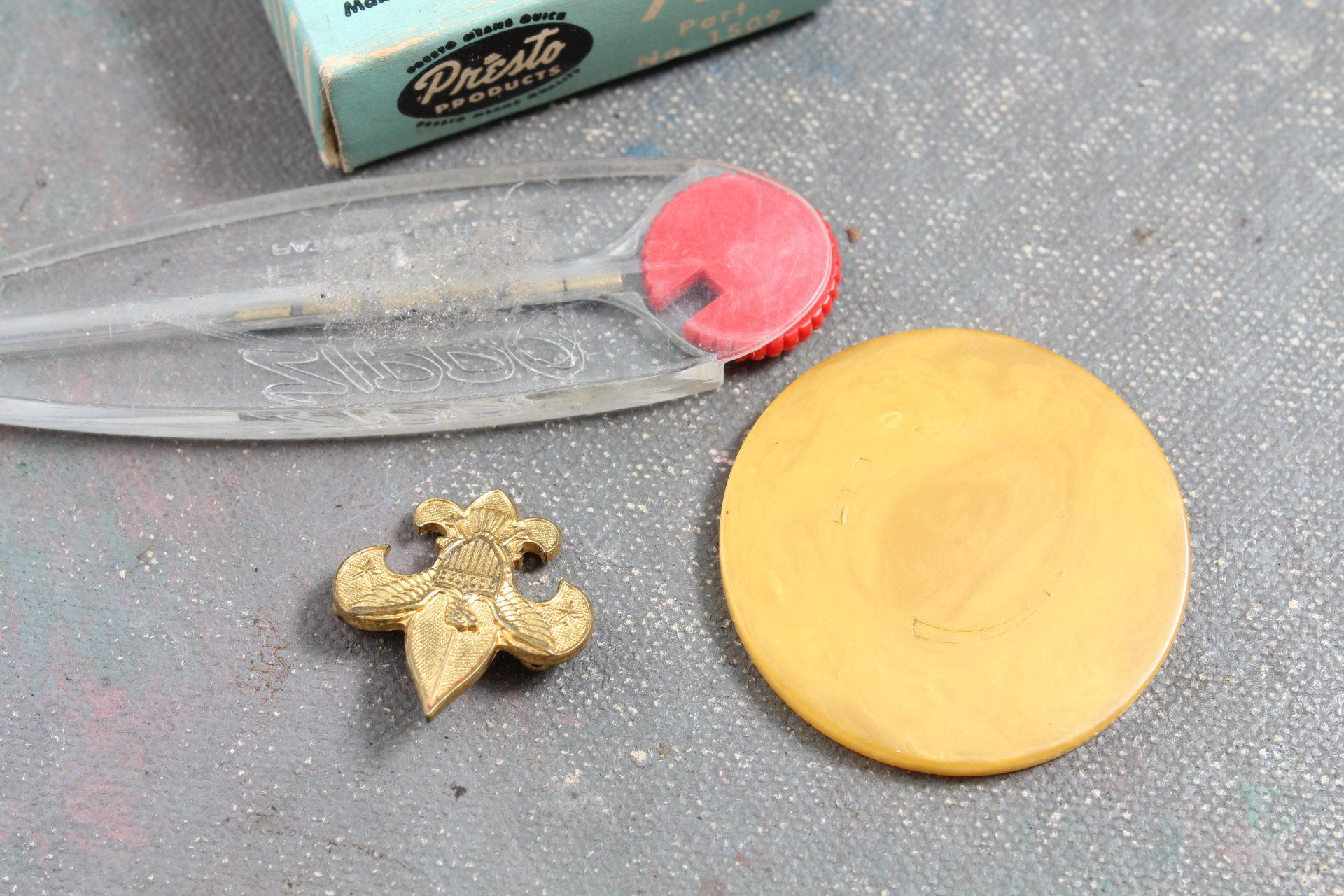 Vintage Mixed Lot Multi-Tool, RPPC Navy Yard, Thimbles, Bakelite Chip, IQ Game