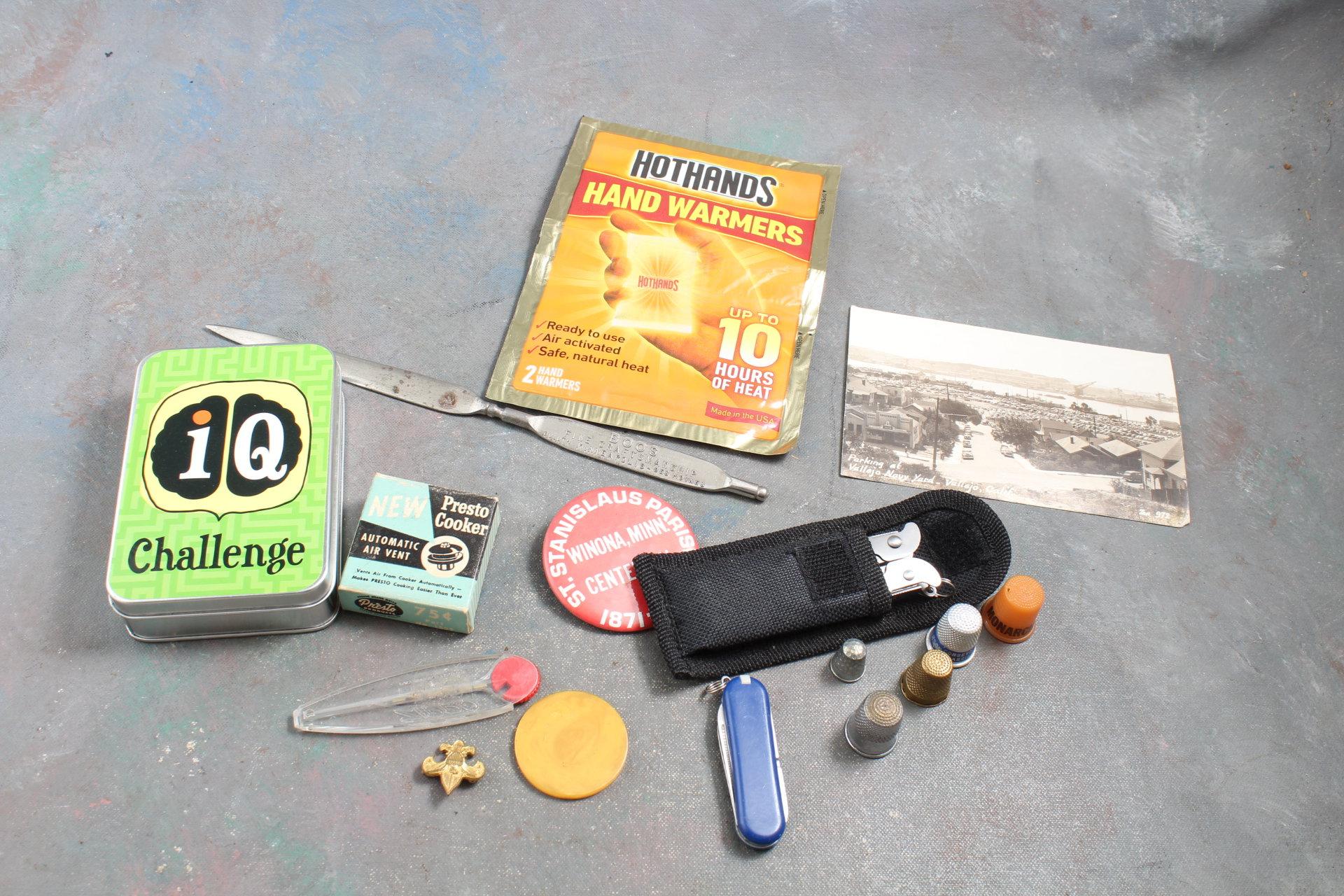 Vintage Mixed Lot Multi-Tool, RPPC Navy Yard, Thimbles, Bakelite Chip, IQ Game
