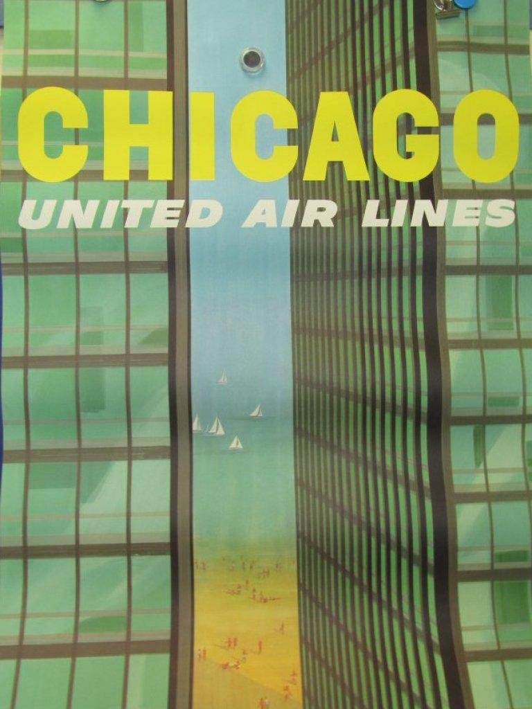 Vintage United Airlines Poster Chicago (Features 2 Vintage 1950's Cars, Beach Scene & Tall Glass Tow