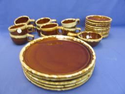 Brown Drip Monmouth Pottery: 10 Cups Round w/ Square handles, 10 Saucers,  5 Dinner Plates & 1 Ramek