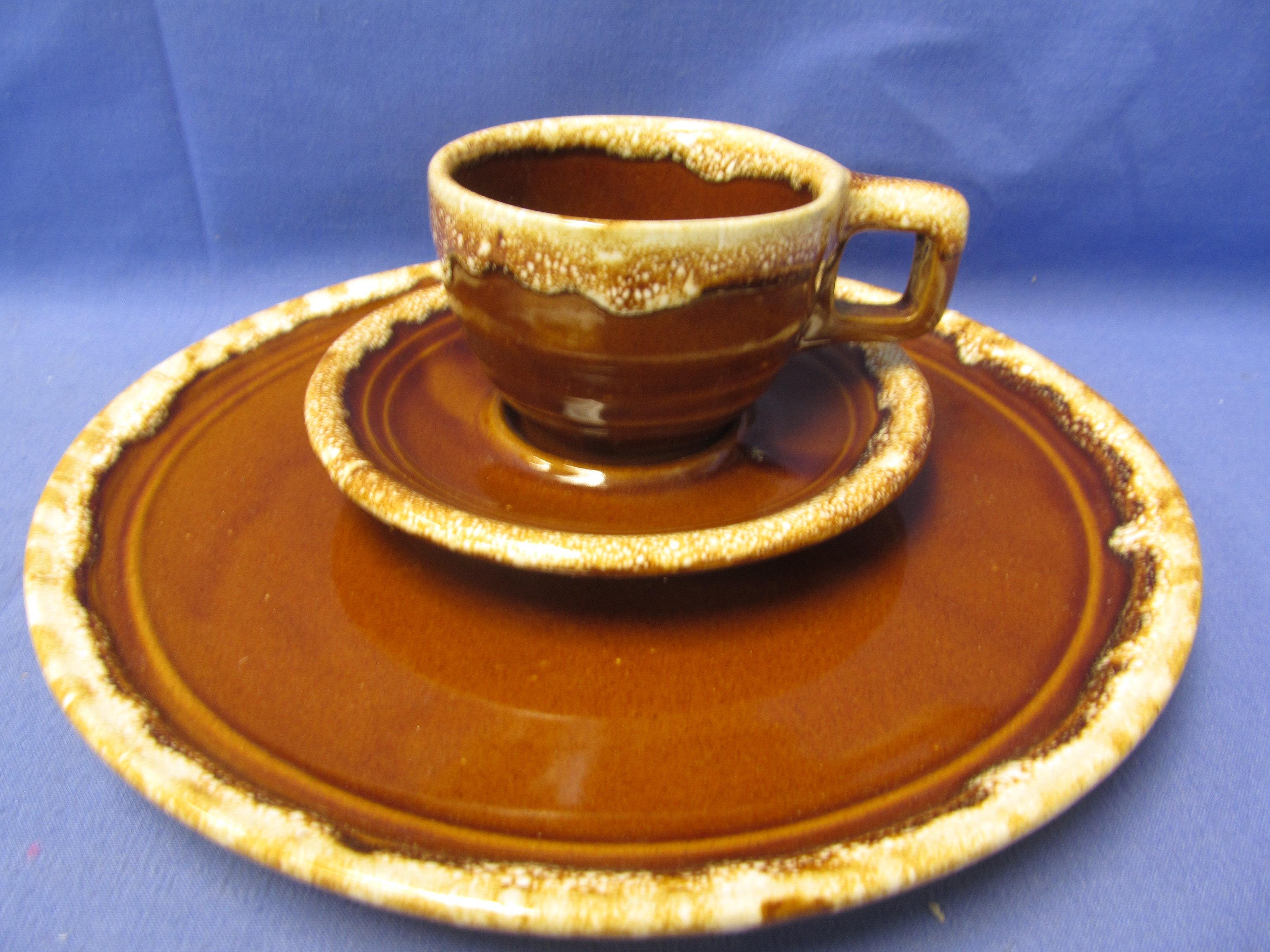 Brown Drip Monmouth Pottery: 10 Cups Round w/ Square handles, 10 Saucers,  5 Dinner Plates & 1 Ramek