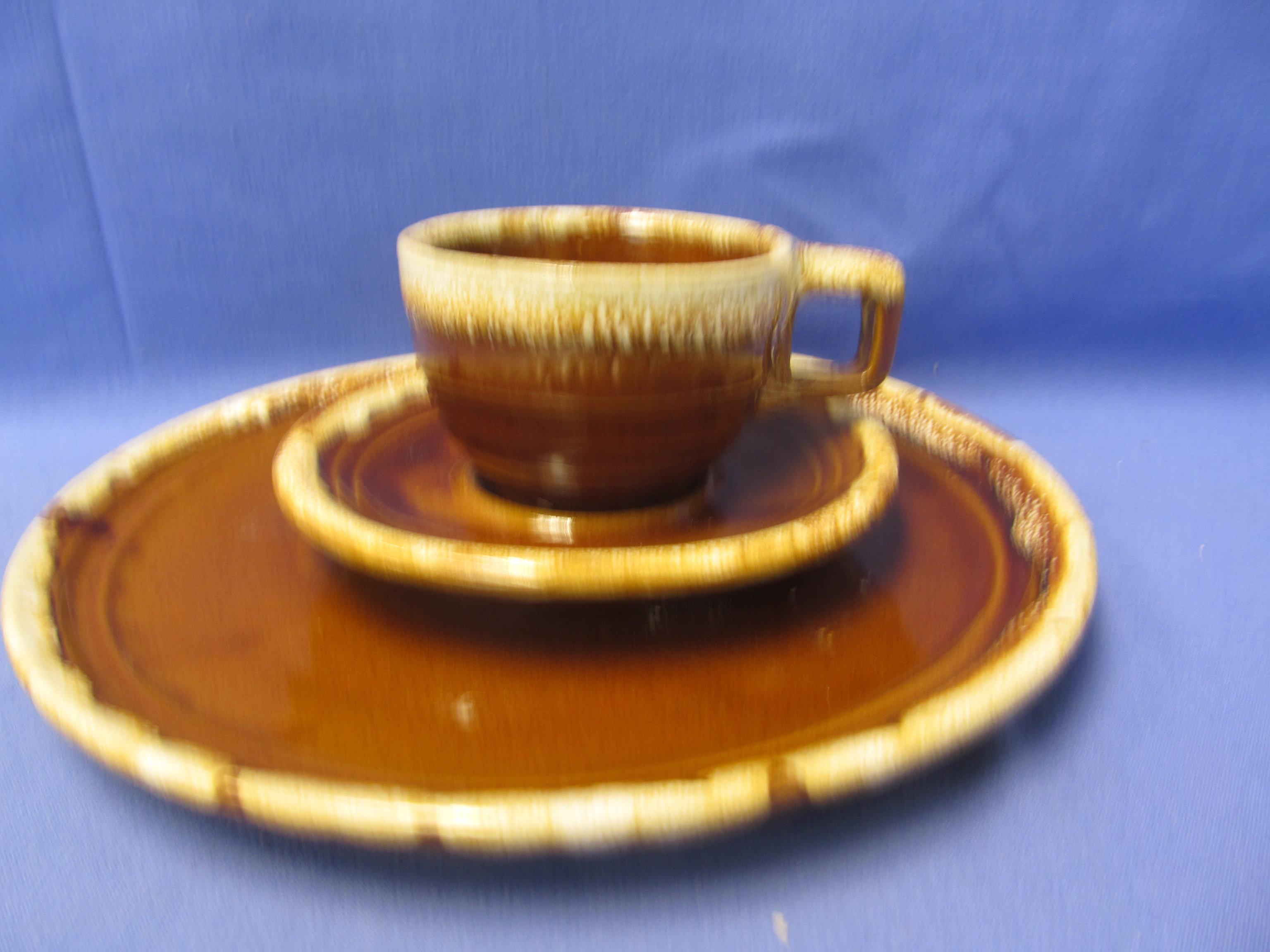 Brown Drip Monmouth Pottery: 10 Cups Round w/ Square handles, 10 Saucers,  5 Dinner Plates & 1 Ramek