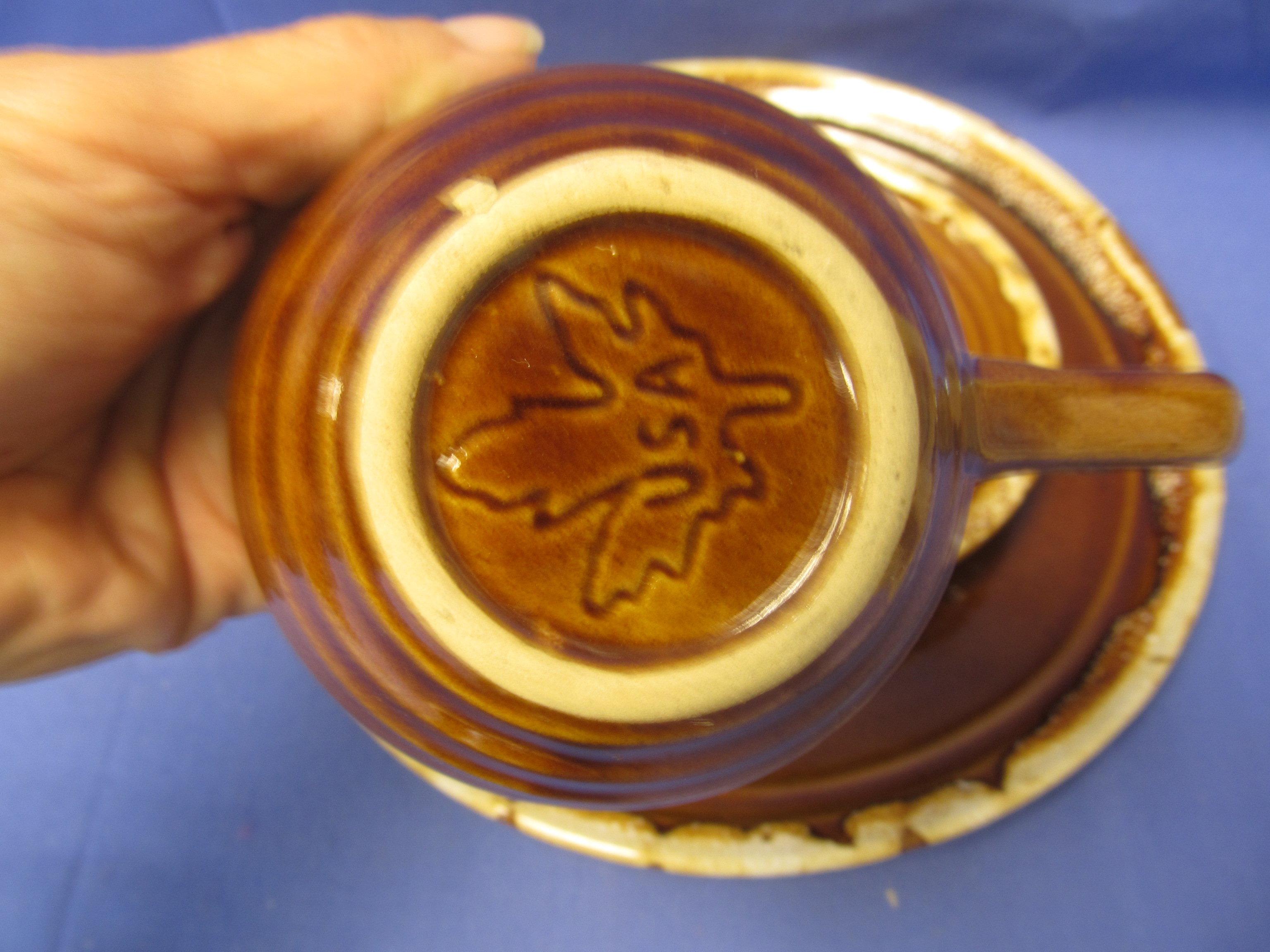 Brown Drip Monmouth Pottery: 10 Cups Round w/ Square handles, 10 Saucers,  5 Dinner Plates & 1 Ramek