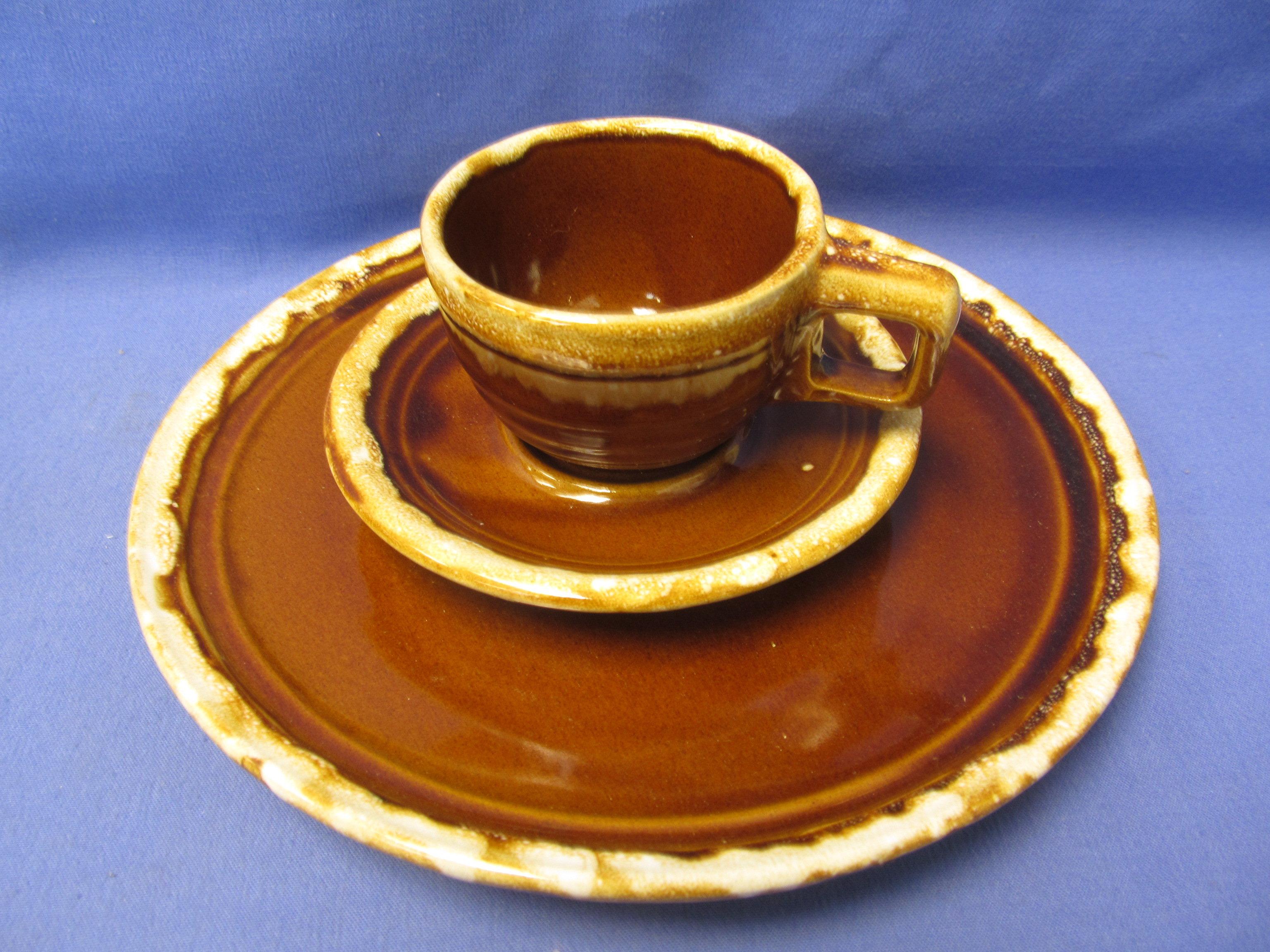 Brown Drip Monmouth Pottery: 10 Cups Round w/ Square handles, 10 Saucers,  5 Dinner Plates & 1 Ramek