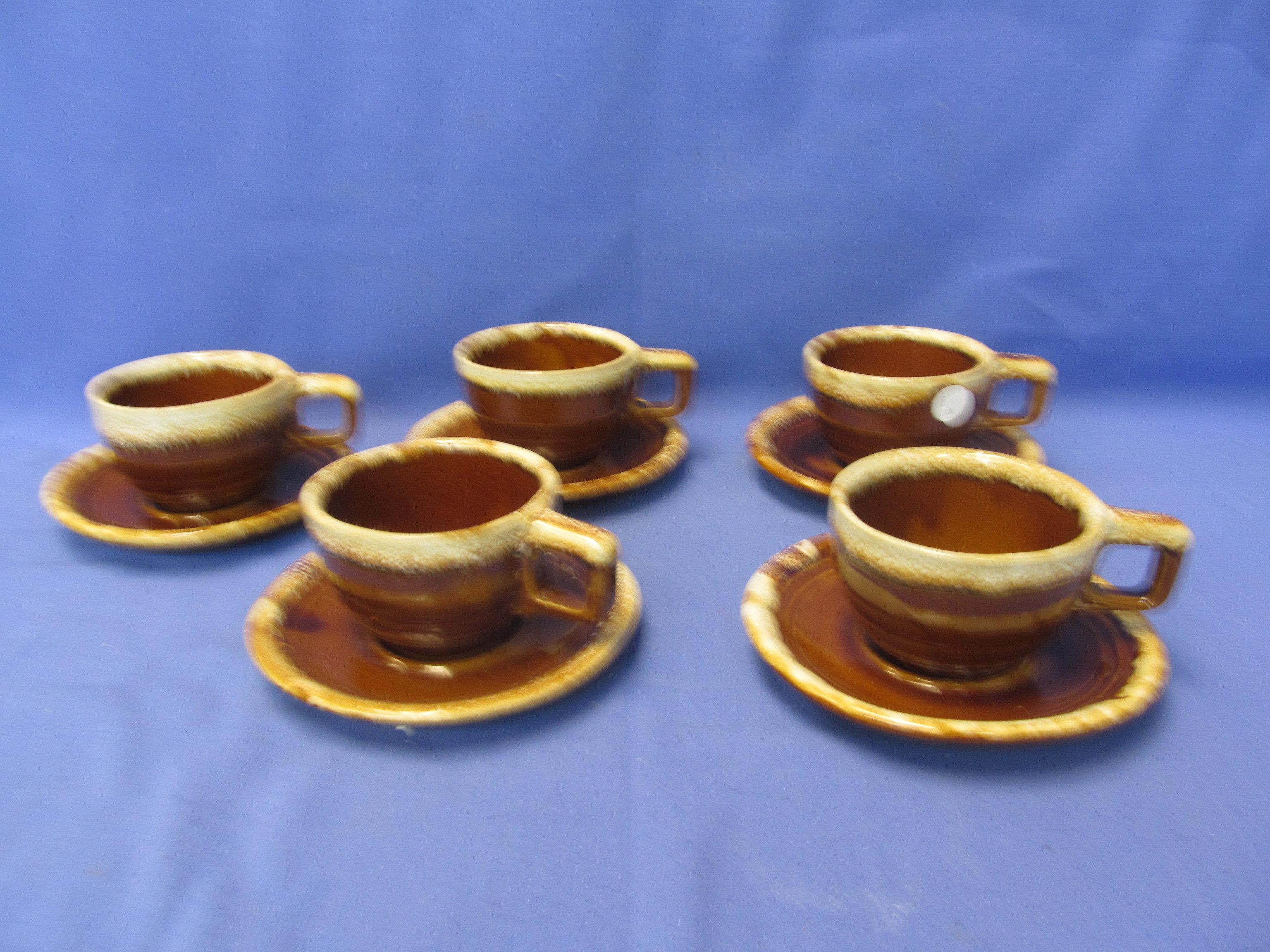 Brown Drip Monmouth Pottery: 10 Cups Round w/ Square handles, 10 Saucers,  5 Dinner Plates & 1 Ramek
