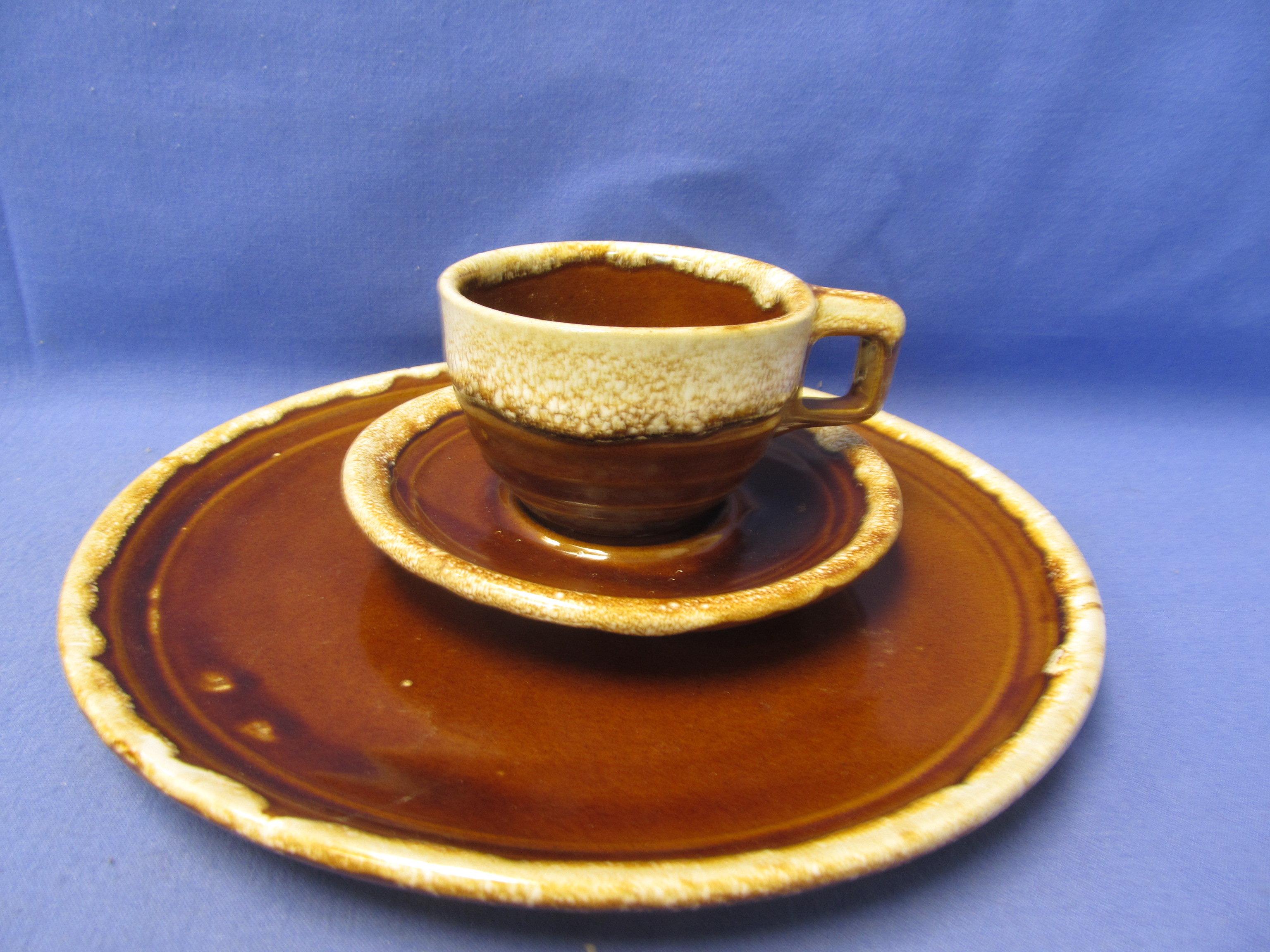 Brown Drip Monmouth Pottery: 10 Cups Round w/ Square handles, 10 Saucers,  5 Dinner Plates & 1 Ramek