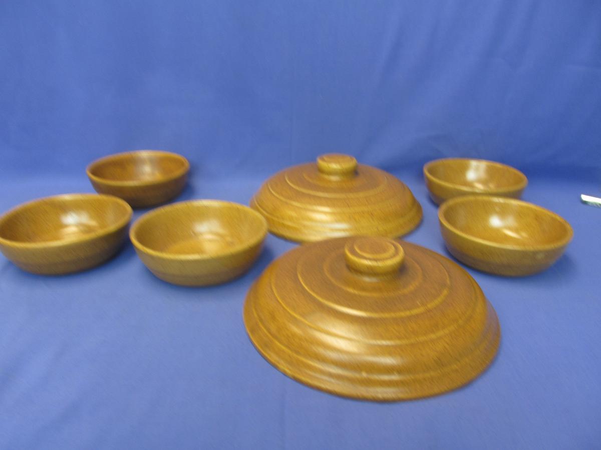 Monmouth Pottery: Brown Speckled Glaze -2 Covers for8 1/2” DIA Casserole, 5  6” Bowls