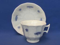 White Porcelain w Embossed Design – Blue Accents – Cup & Saucer – Plate & bowl