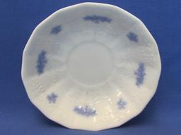 White Porcelain w Embossed Design – Blue Accents – Cup & Saucer – Plate & bowl