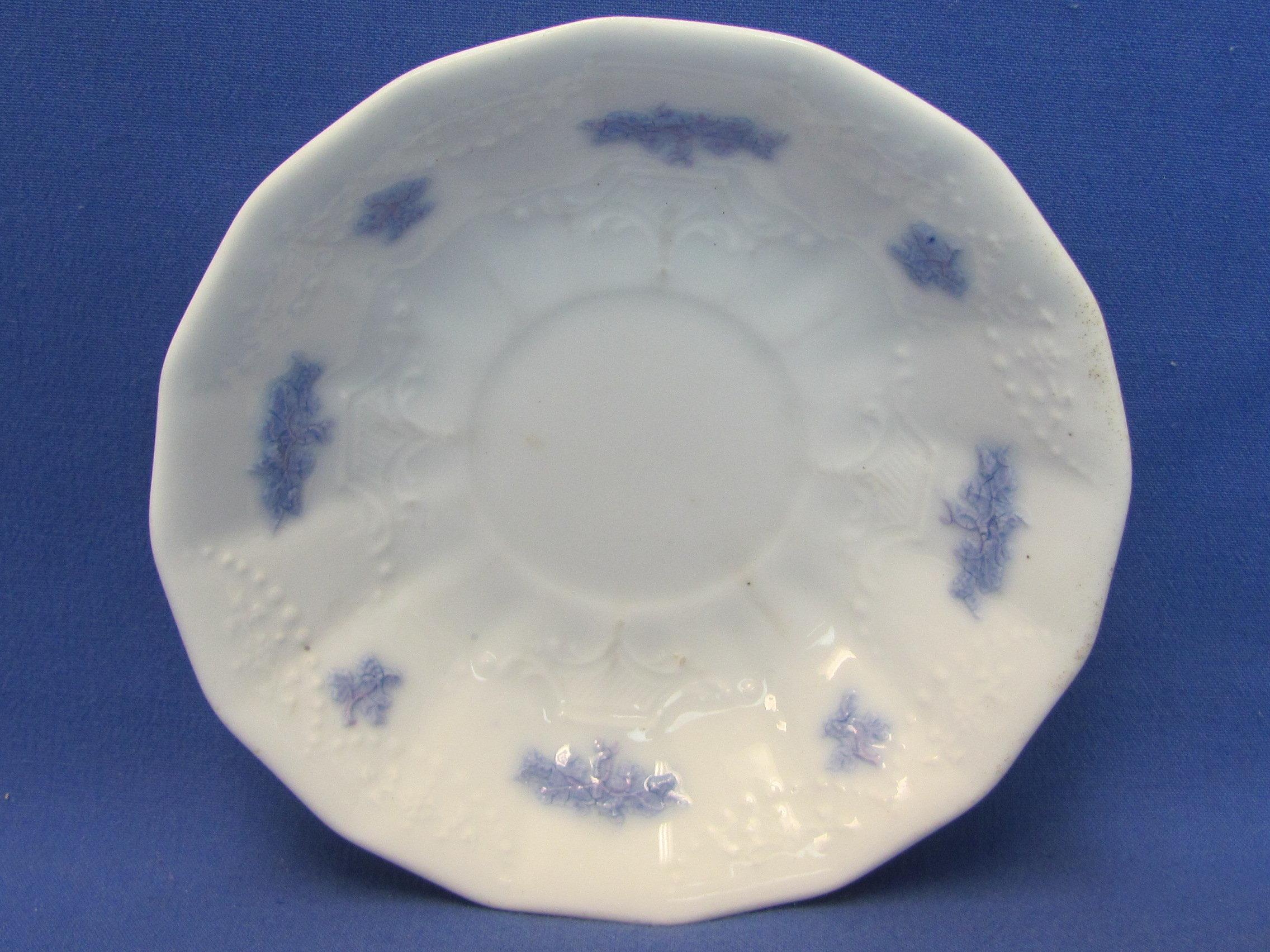 White Porcelain w Embossed Design – Blue Accents – Cup & Saucer – Plate & bowl