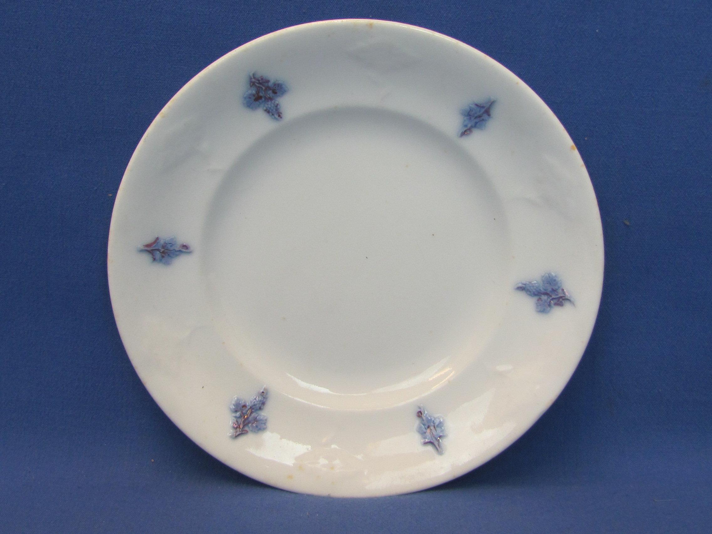 White Porcelain w Embossed Design – Blue Accents – Cup & Saucer – Plate & bowl