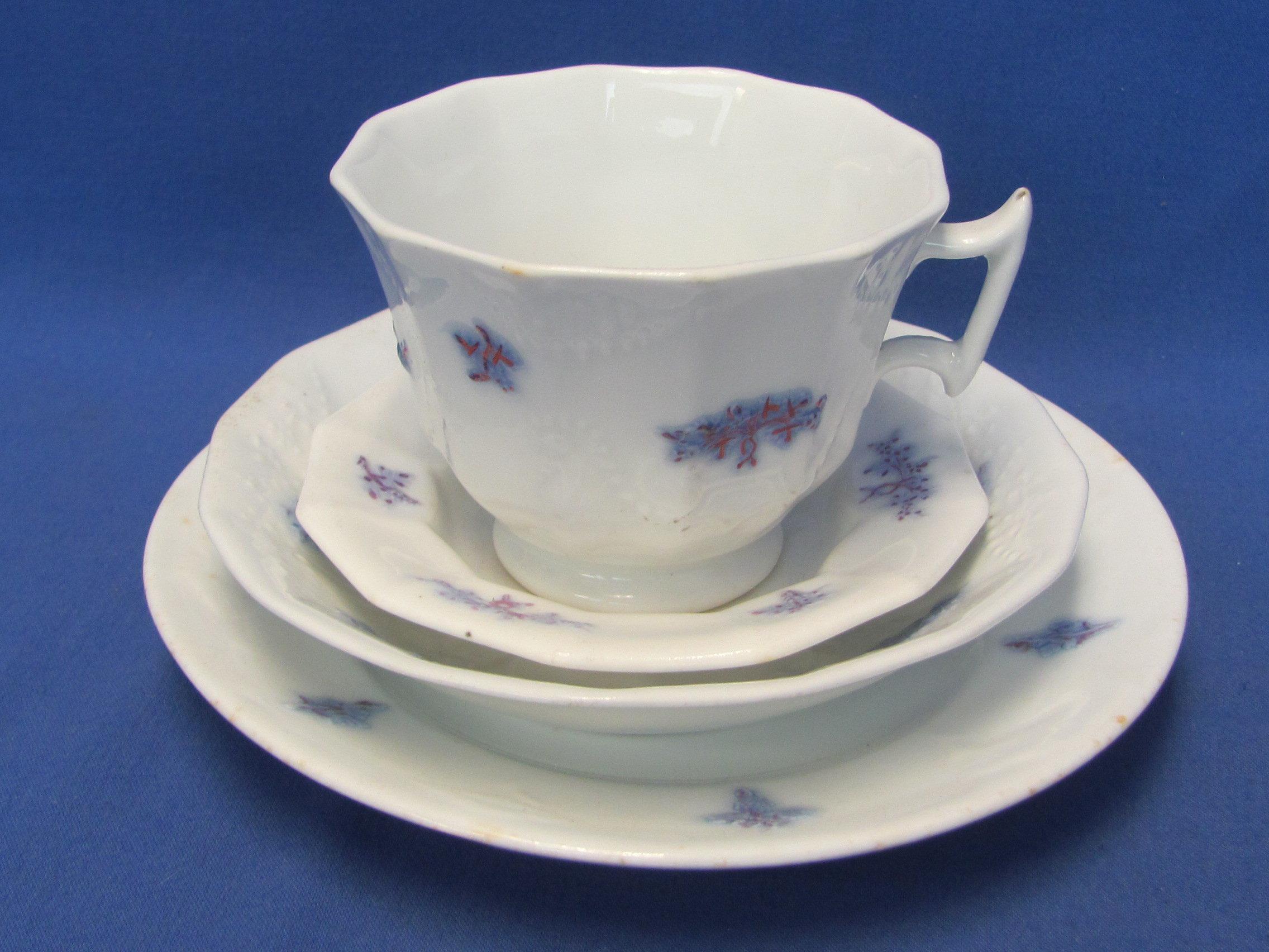 White Porcelain w Embossed Design – Blue Accents – Cup & Saucer – Plate & bowl