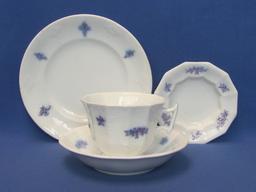 White Porcelain w Embossed Design – Blue Accents – Cup & Saucer – Plate & bowl