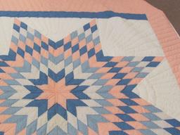 Amish Made Quilt – Lone Star Pattern – White, Blues & Peach – Measures about 102” x 84”