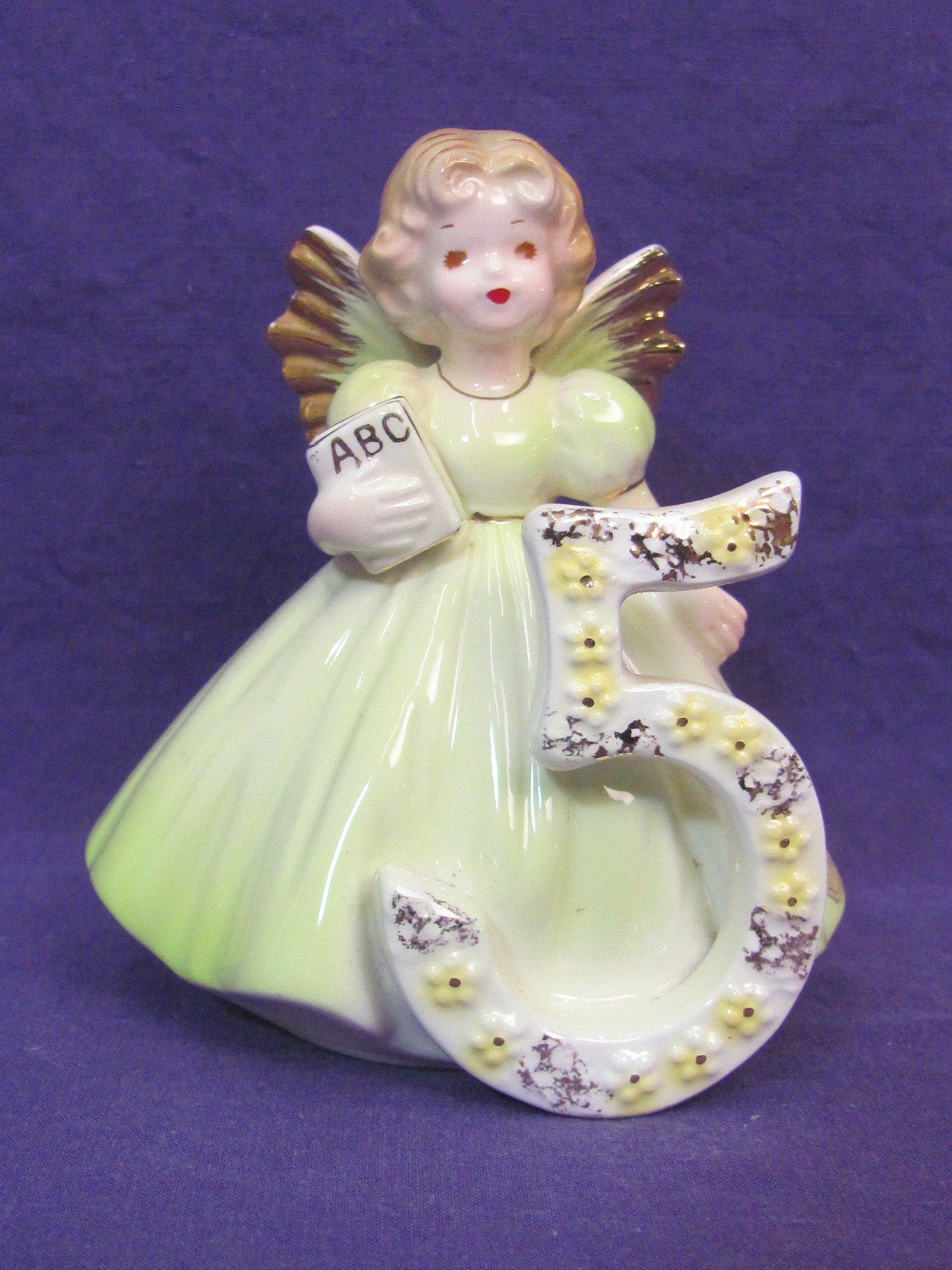 Josef Original Ceramic Angel Girl – Age 5 – Book of ABC – Blond,  Brown Eyes – 4” tall