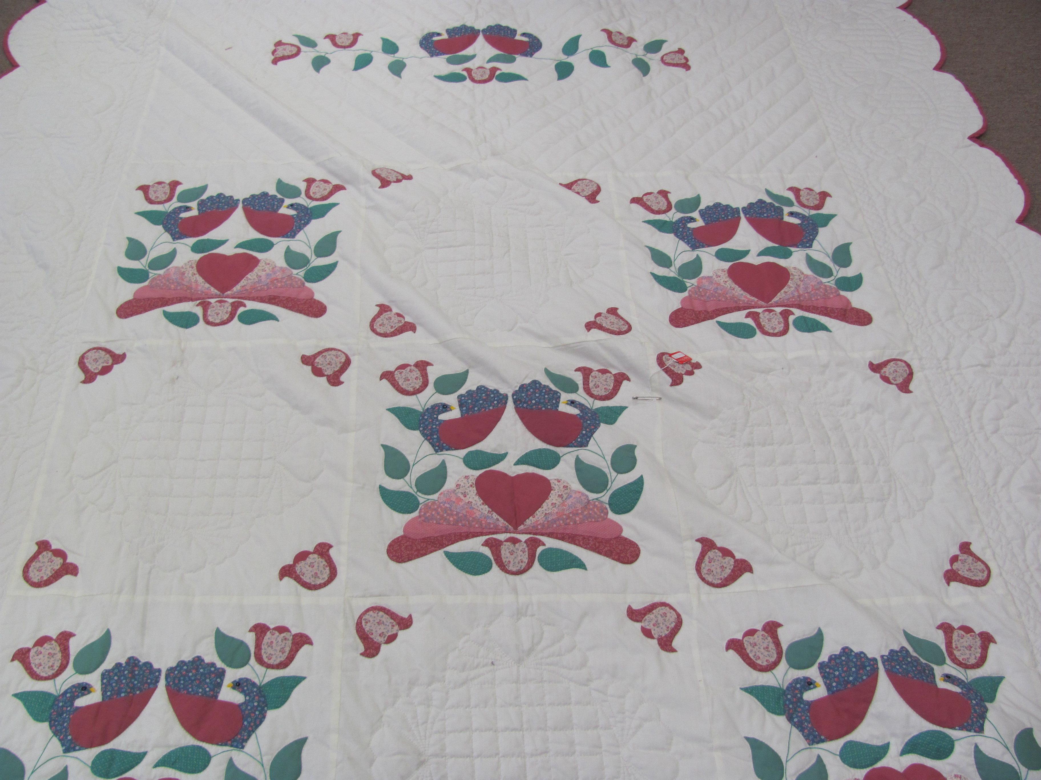 Amish Made Quilt/Bed Spread – Birds with Flowers – White, Blues & Pinks – Measures about 106” x 89”