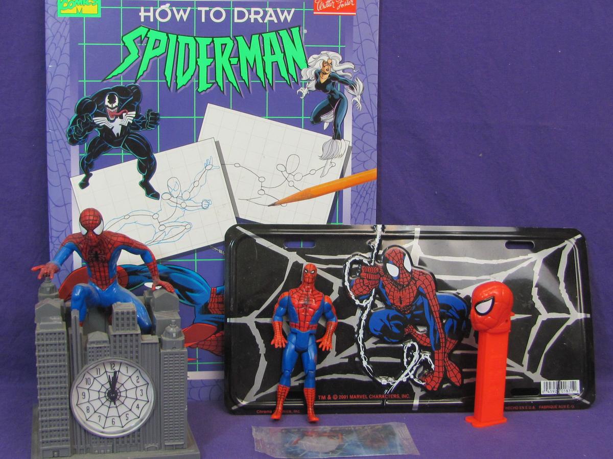 Spider-Man Lot: Drawing Book – Clock – License Plate – Pez – Stickers – Action Figurine