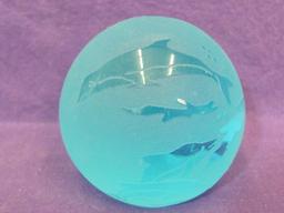 2 Blue Glass Paperweights – Frosted one w Fish & Dolphins – Crackle Glass Shaped like an Apple