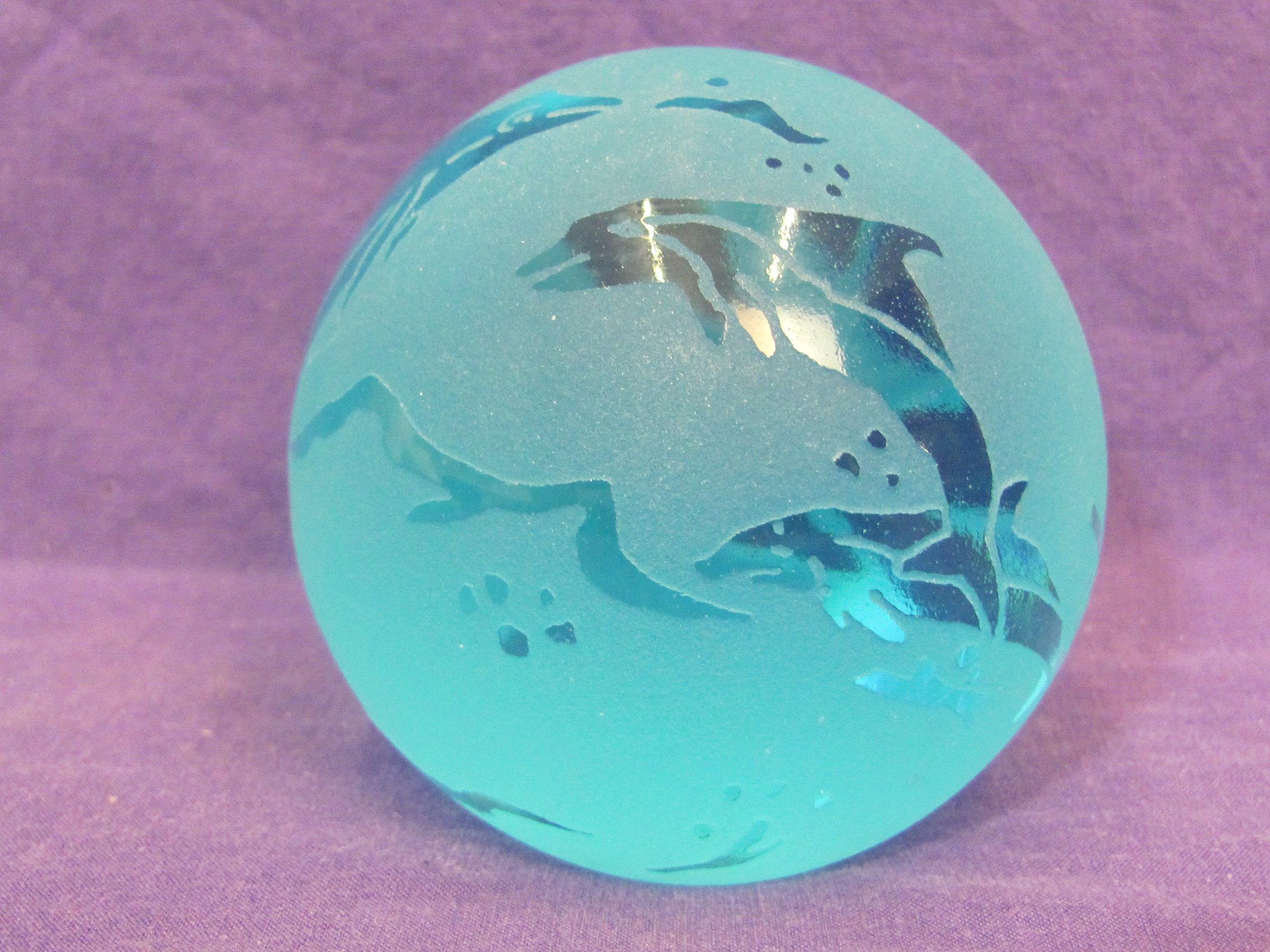2 Blue Glass Paperweights – Frosted one w Fish & Dolphins – Crackle Glass Shaped like an Apple