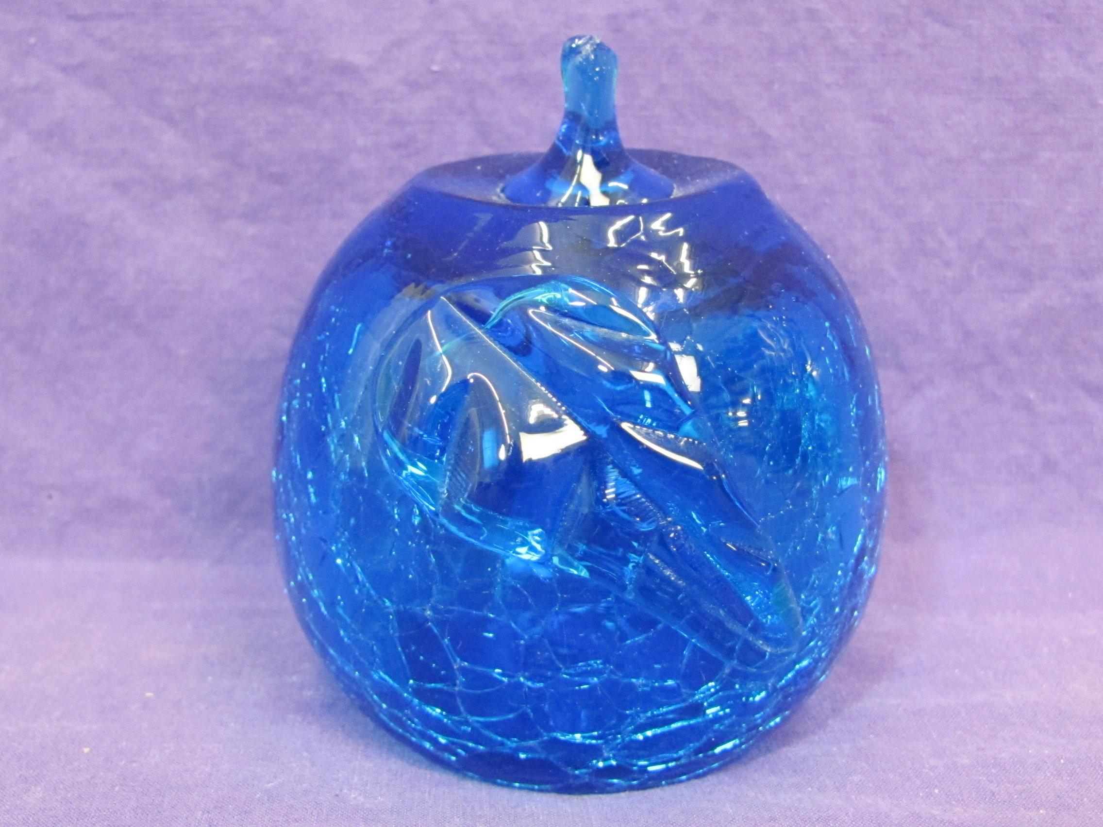 2 Blue Glass Paperweights – Frosted one w Fish & Dolphins – Crackle Glass Shaped like an Apple