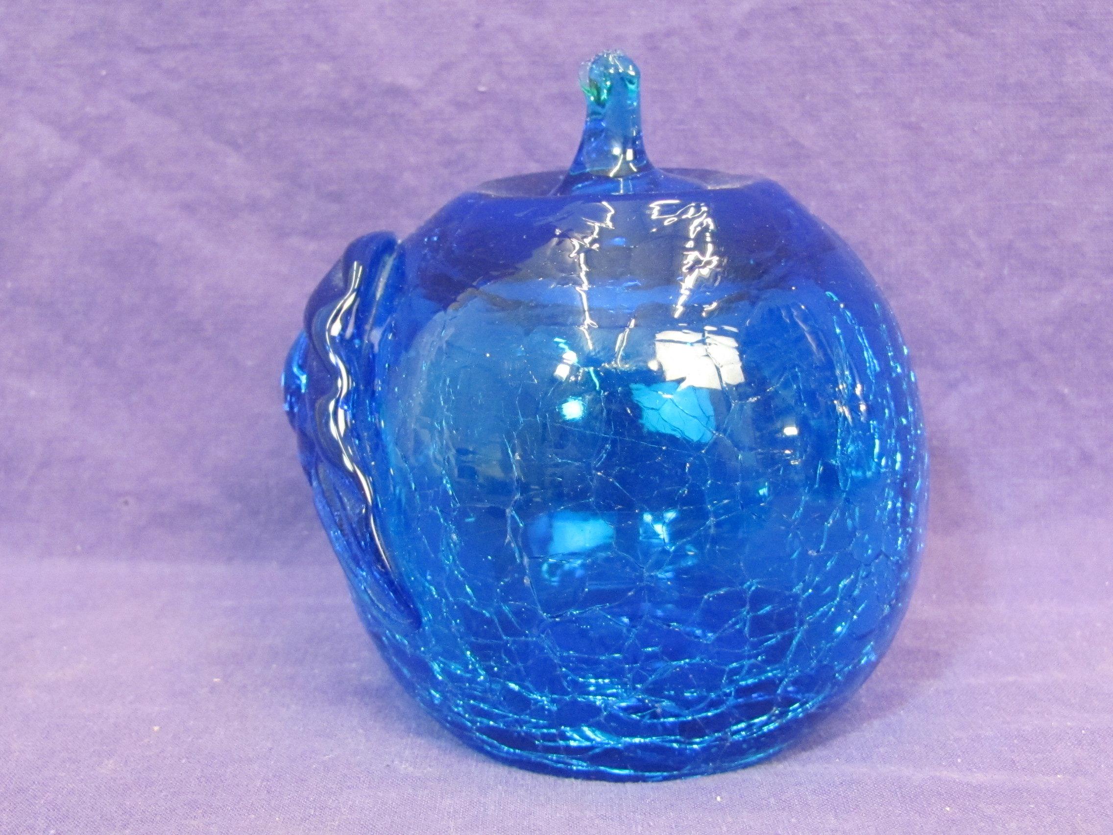 2 Blue Glass Paperweights – Frosted one w Fish & Dolphins – Crackle Glass Shaped like an Apple