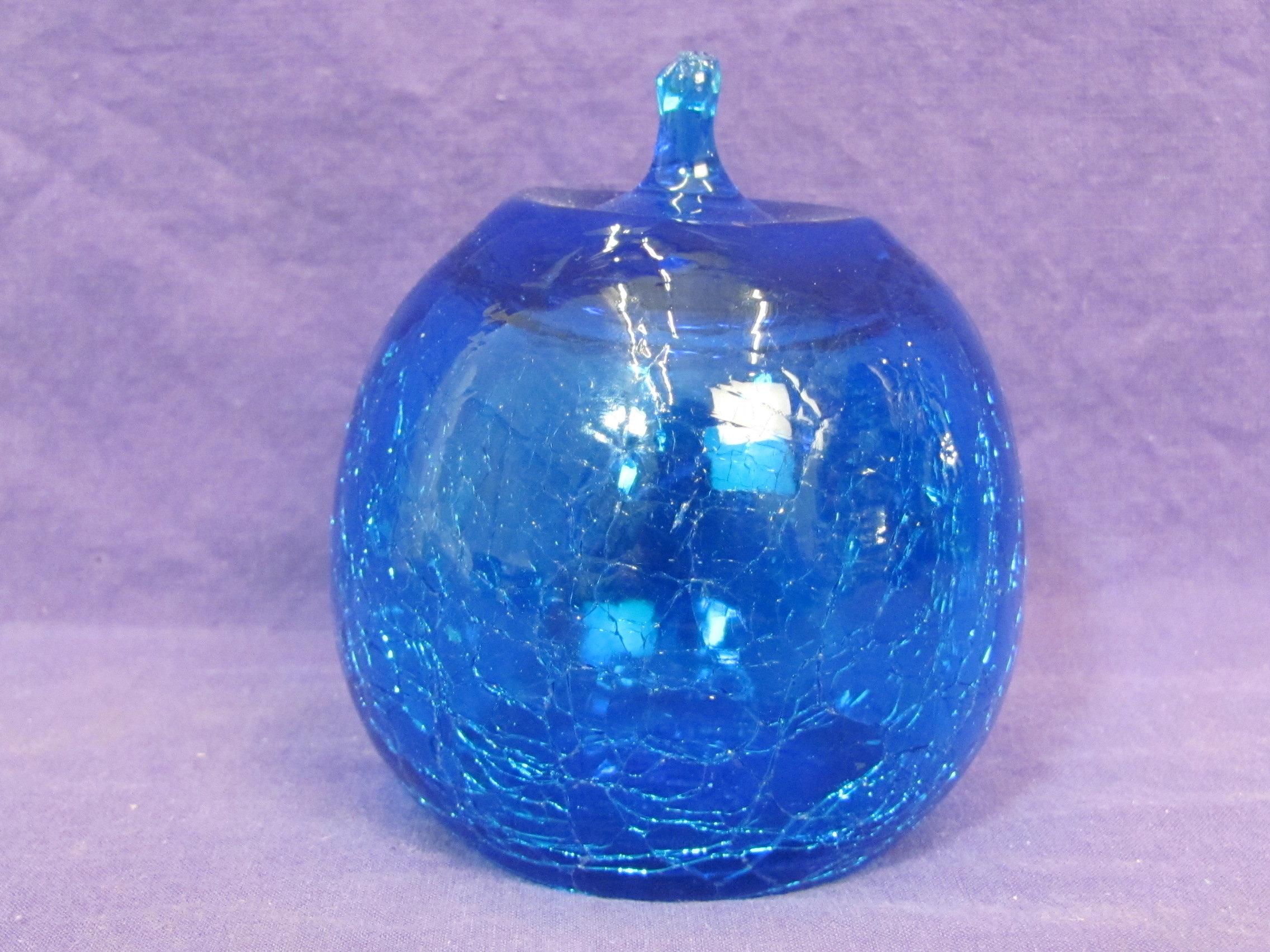 2 Blue Glass Paperweights – Frosted one w Fish & Dolphins – Crackle Glass Shaped like an Apple