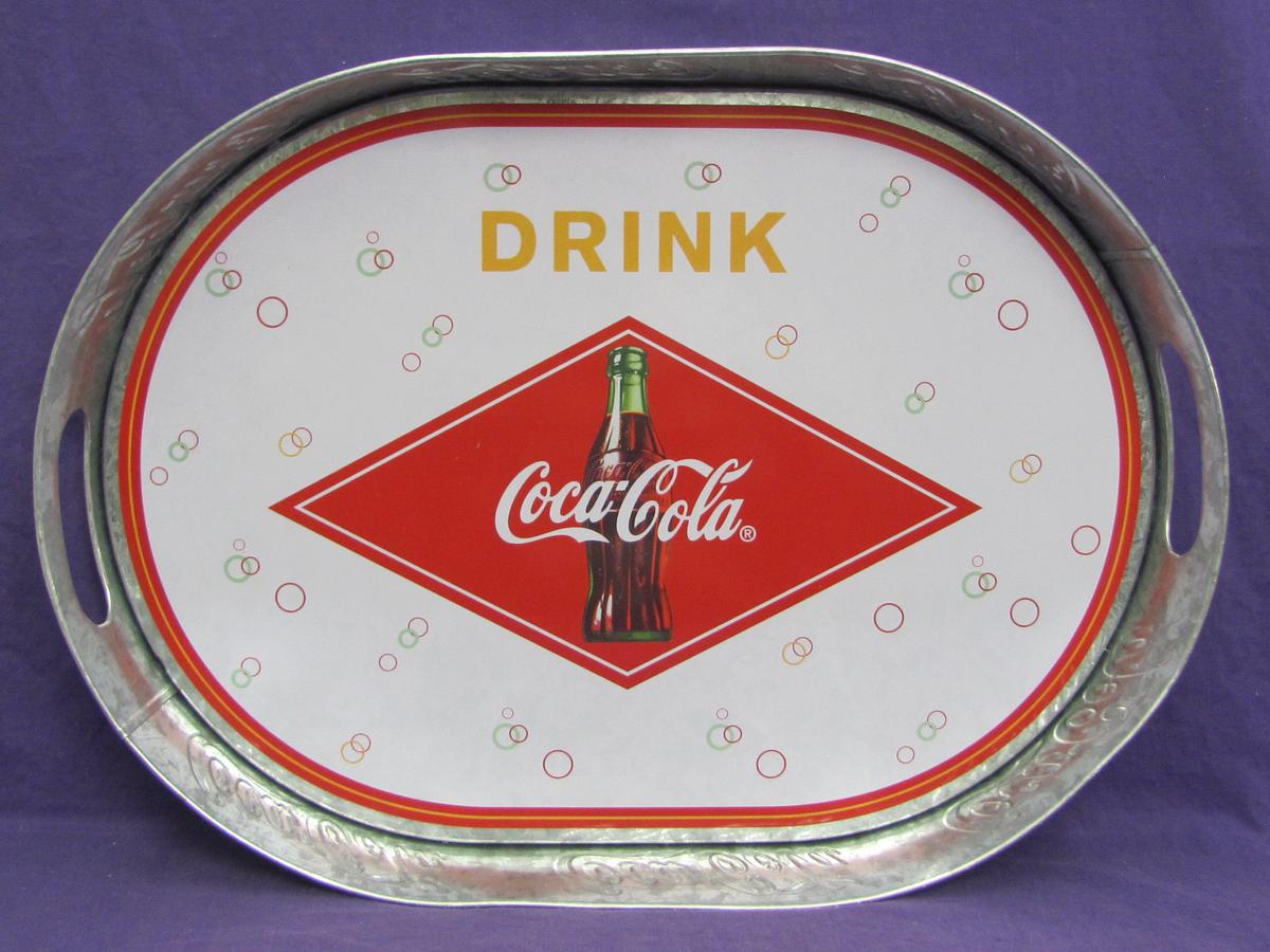 Metal Tray w Handle Holds “Drink Coca-Cola” - 16” x 11 1/2” - Embossed Writing on the side