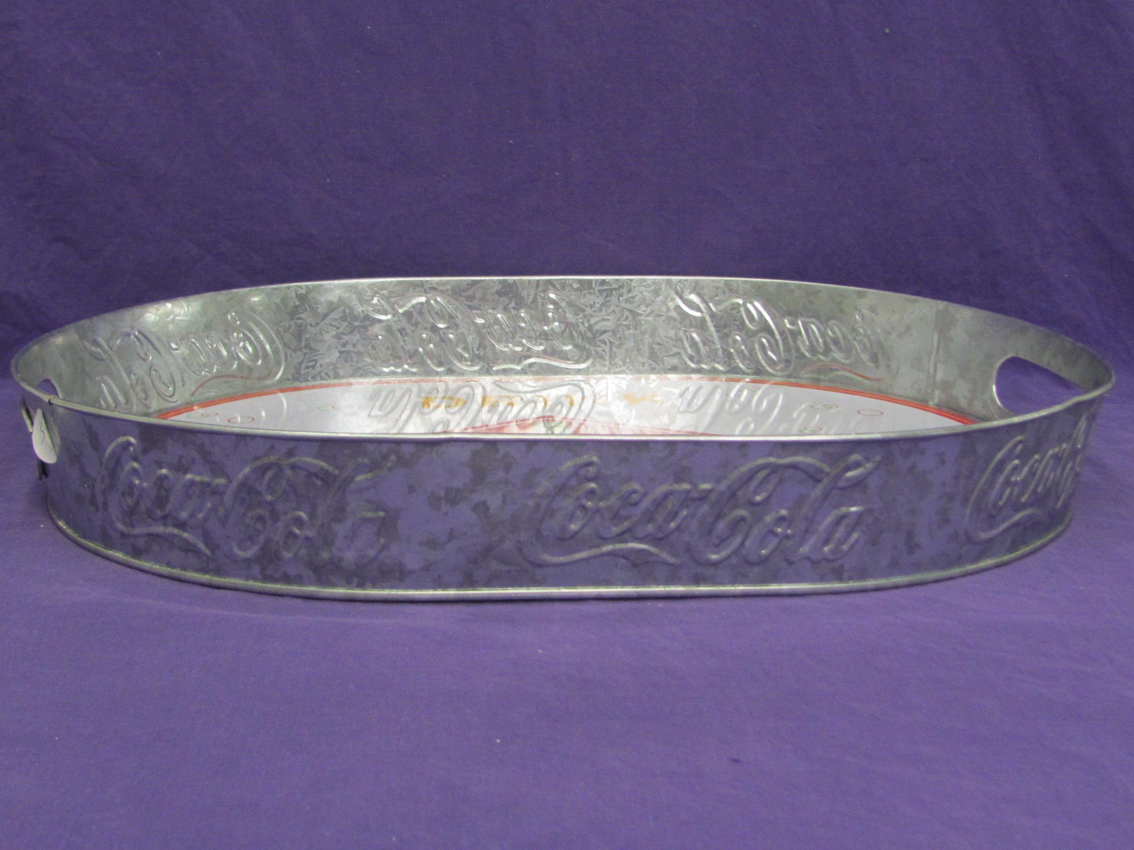Metal Tray w Handle Holds “Drink Coca-Cola” - 16” x 11 1/2” - Embossed Writing on the side