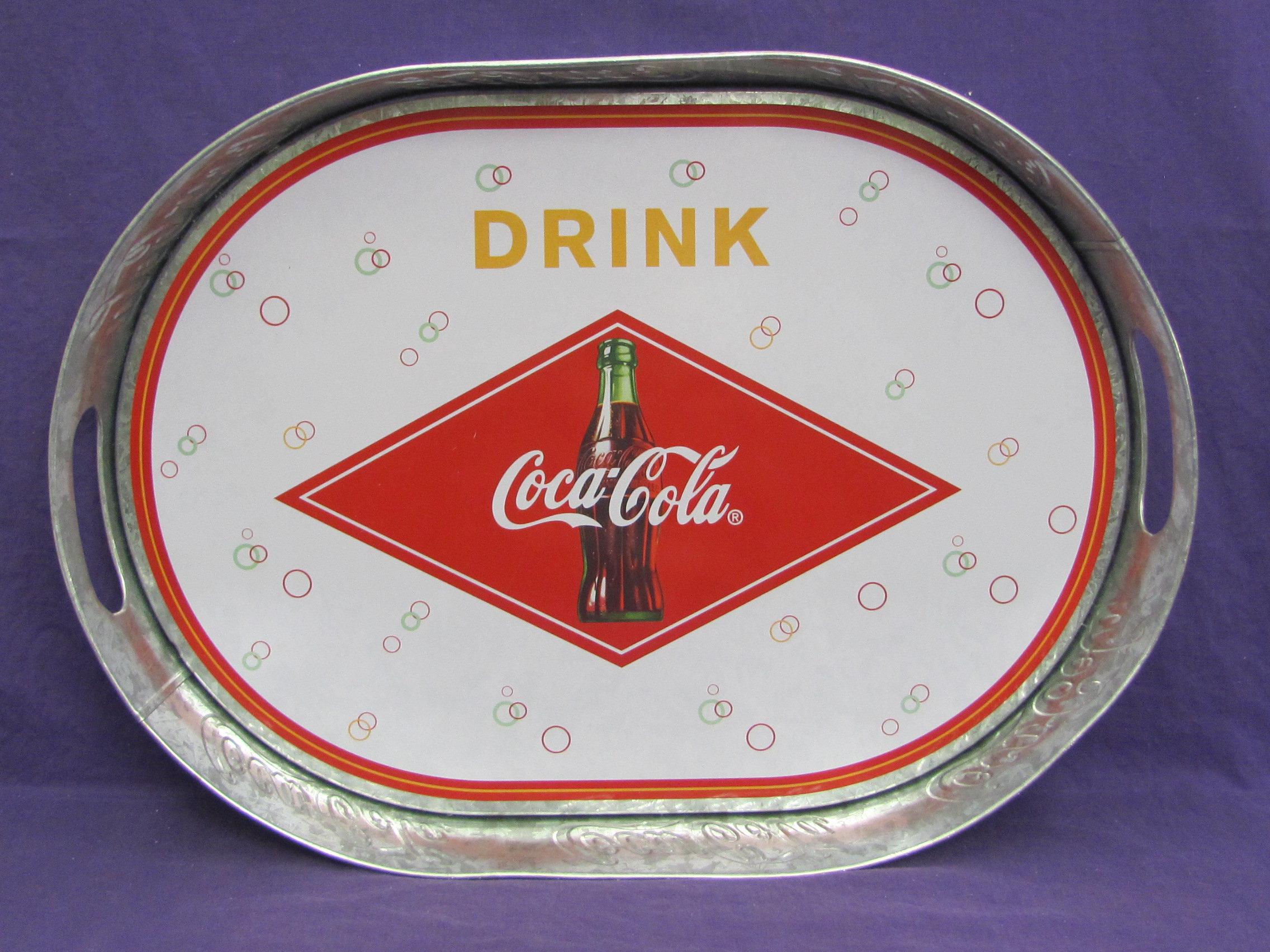 Metal Tray w Handle Holds “Drink Coca-Cola” - 16” x 11 1/2” - Embossed Writing on the side