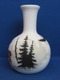 White Pottery Vase w Forest Scene – Eagle & Elk – Signed on base – 7 1/2” tall