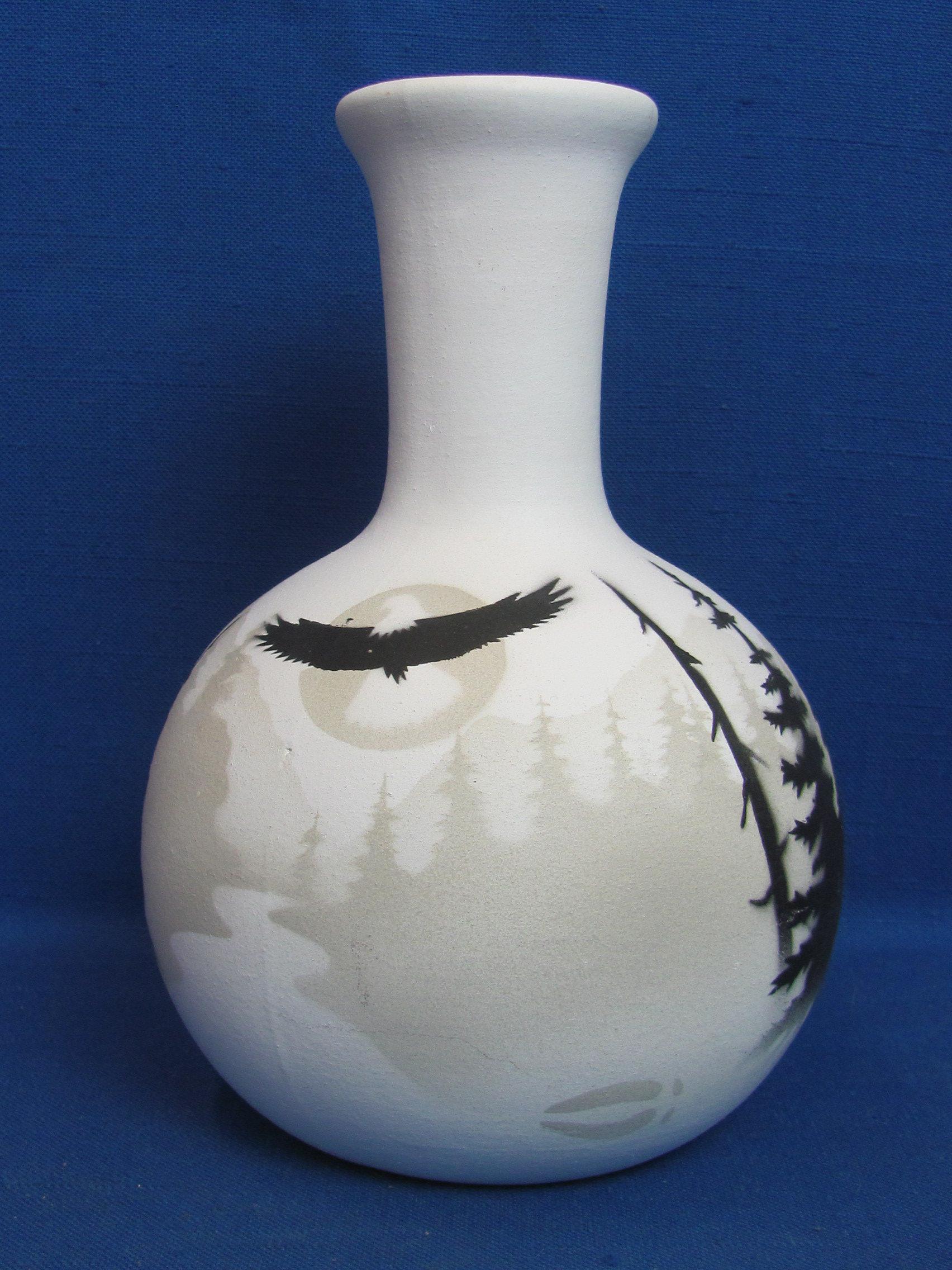 White Pottery Vase w Forest Scene – Eagle & Elk – Signed on base – 7 1/2” tall