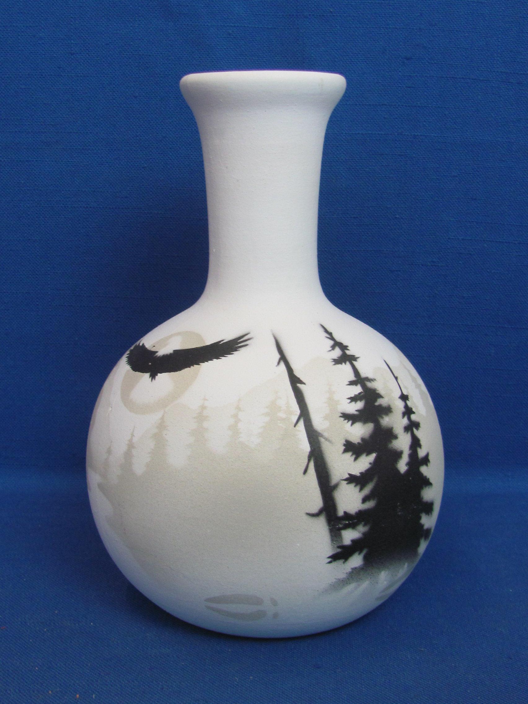 White Pottery Vase w Forest Scene – Eagle & Elk – Signed on base – 7 1/2” tall