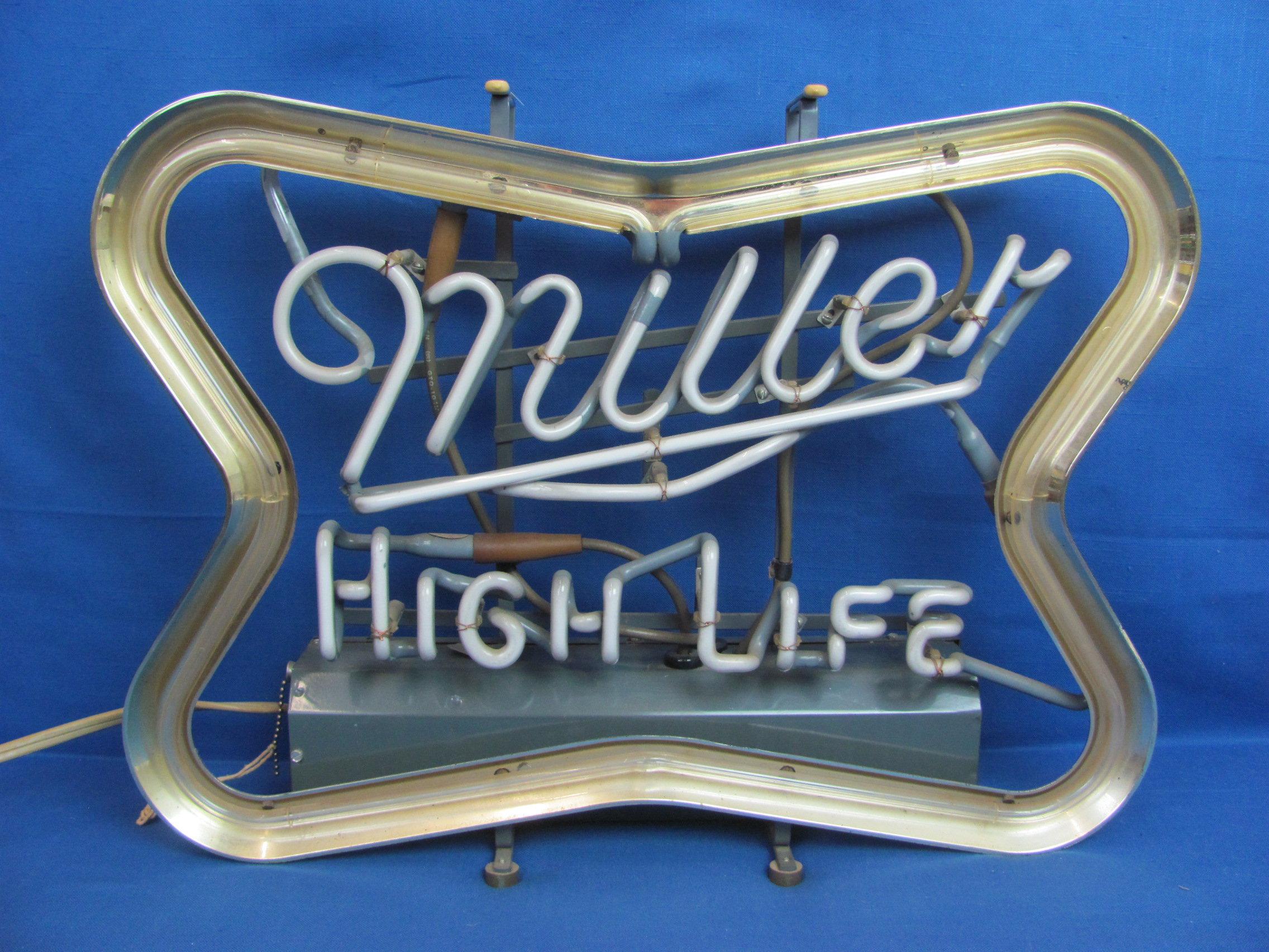 Vintage Neon Sign “Miller High Life” Beer – Works – Measures 21 3/4” x 16 1/4”