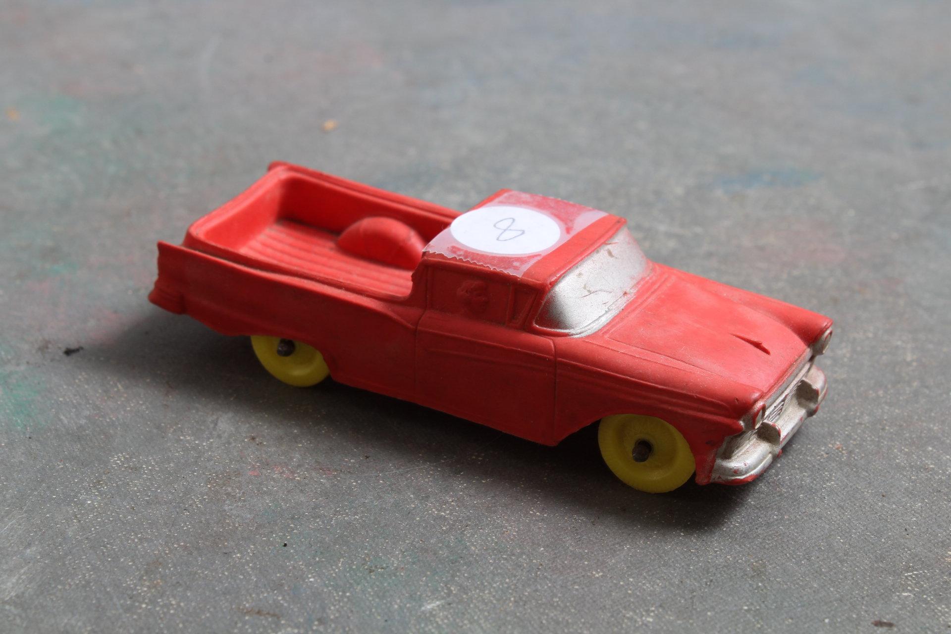 Vintage Rubber Toy Pick-up Truck Red with Yellow Wheels Made in USA