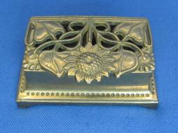 Brass Stamp Container (For rolls) Sunflower Design – About 3 1/2” x 2” - Solid & heavy for size